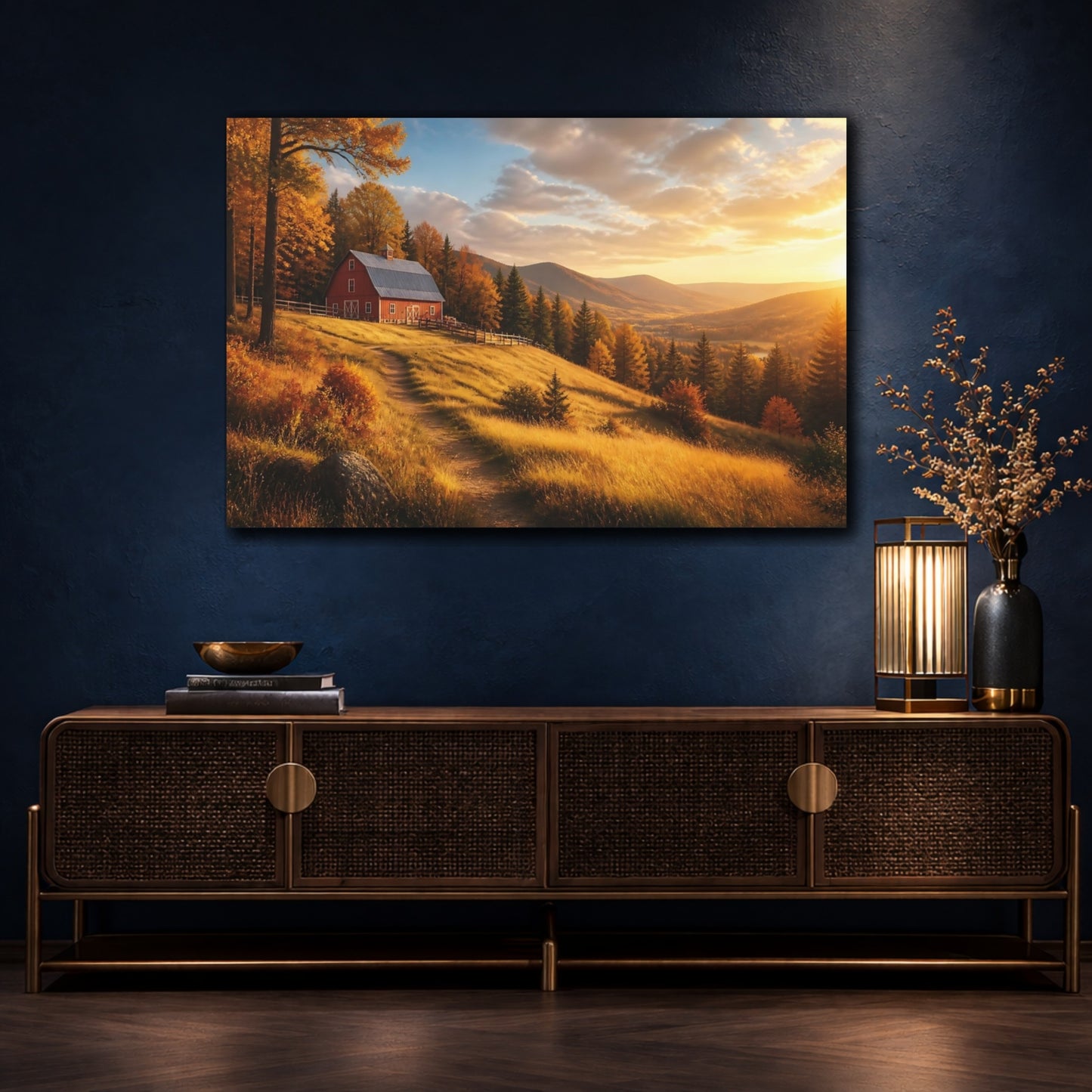 Mockup 4. Red Barn Landscape At Sunset shown as canvas print
