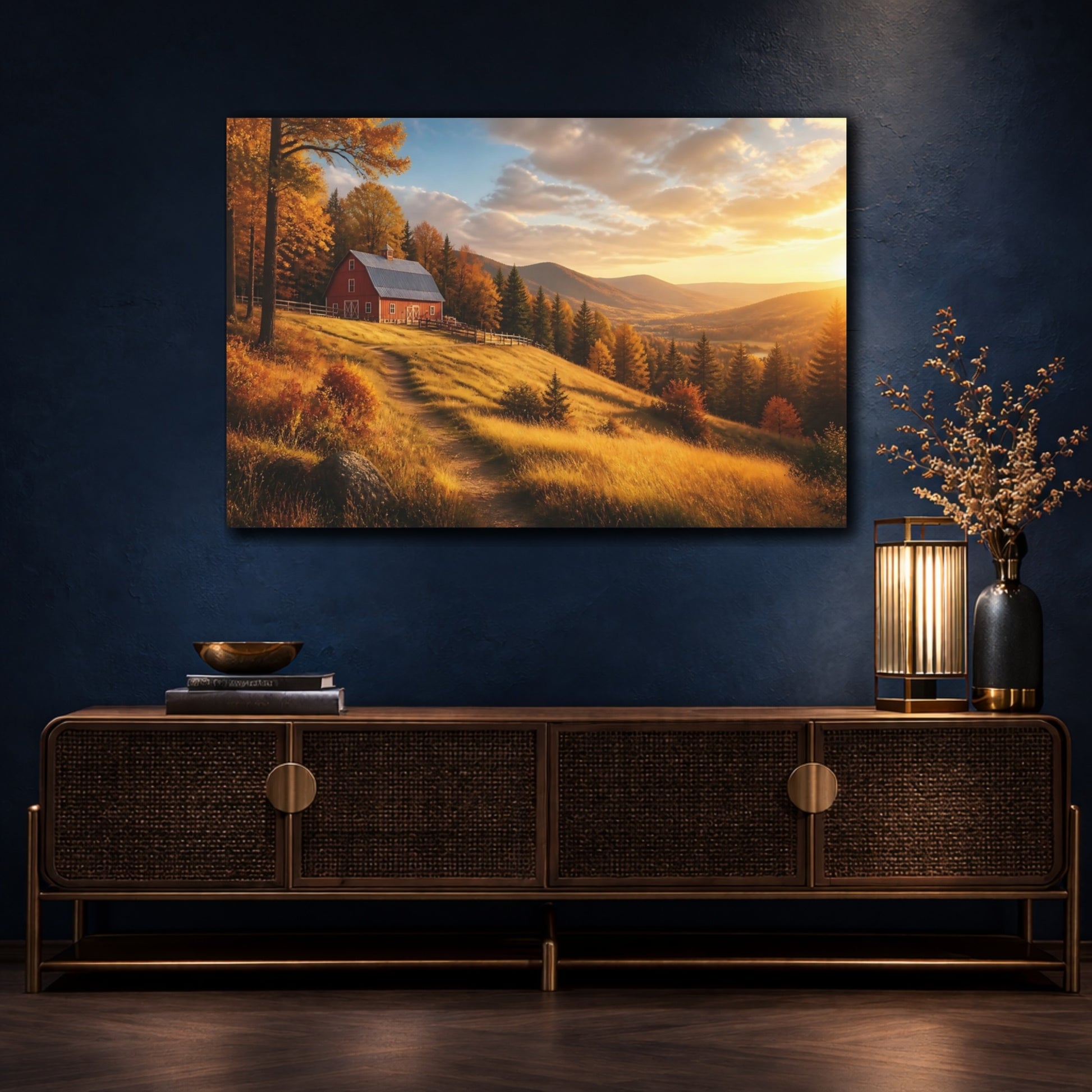 Mockup 4. Red Barn Landscape At Sunset shown as canvas print