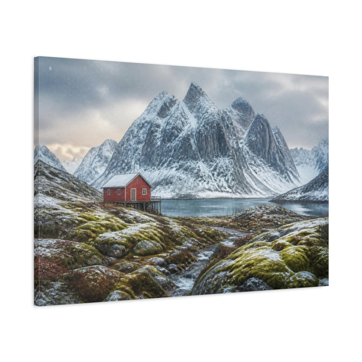 Main Mockup. Red Boathouse In Snowy Valley shown as canvas print
