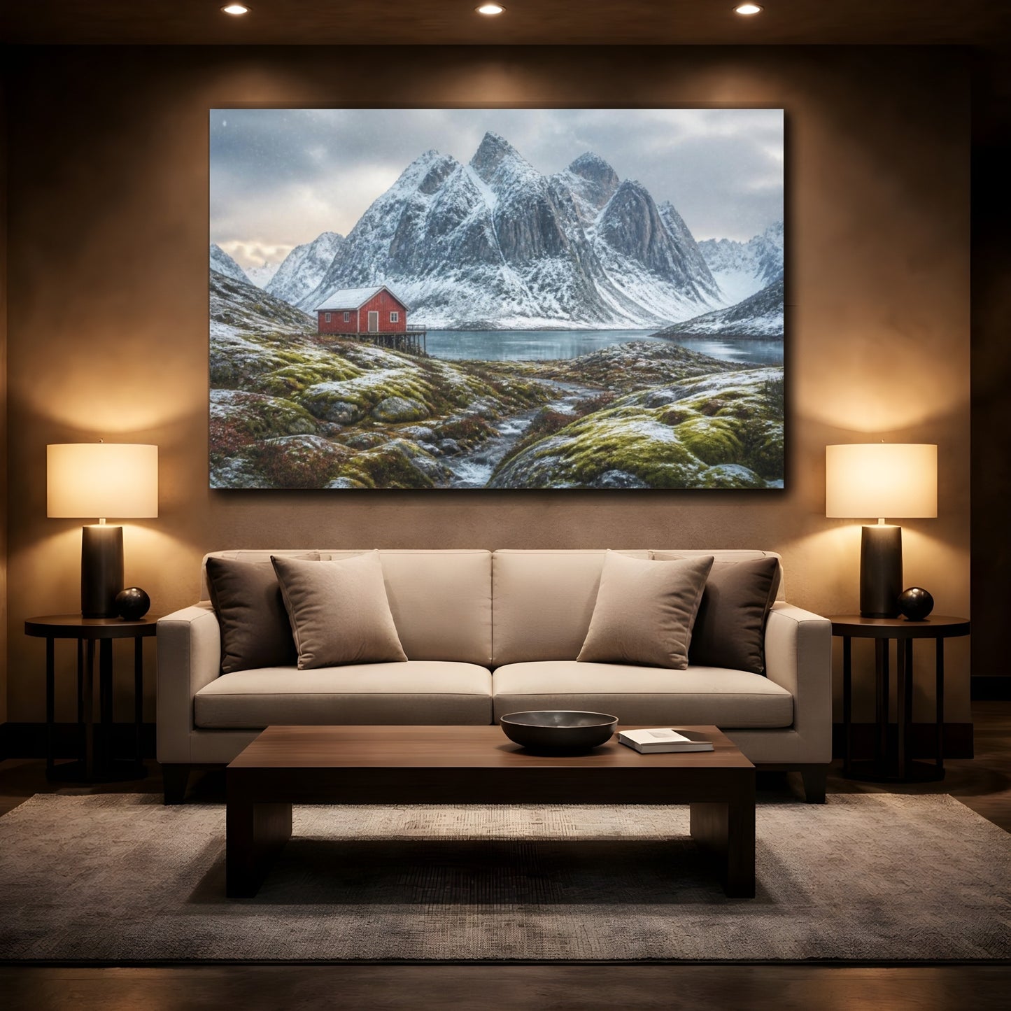 Mockup 2. Red Boathouse In Snowy Valley shown as canvas print