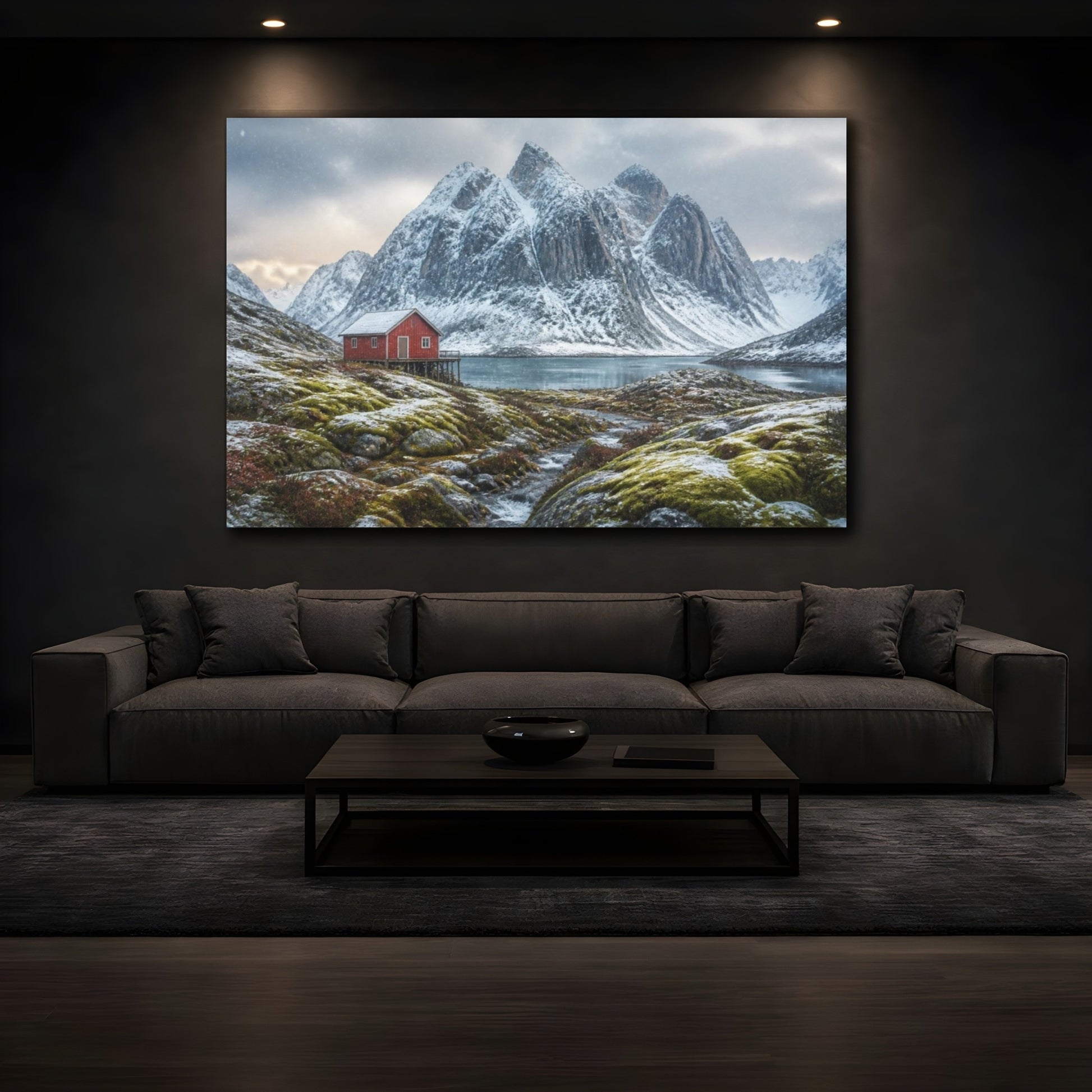 Mockup 3. Red Boathouse In Snowy Valley shown as canvas print