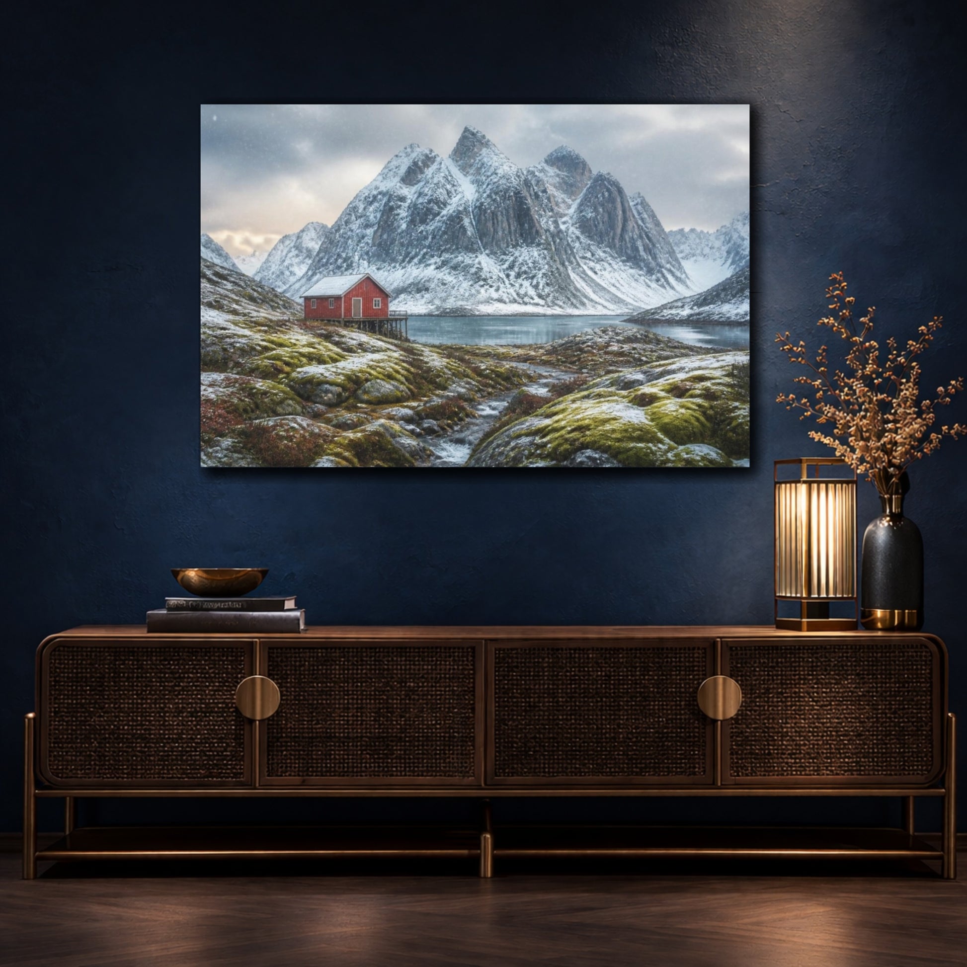 Mockup 4. Red Boathouse In Snowy Valley shown as canvas print