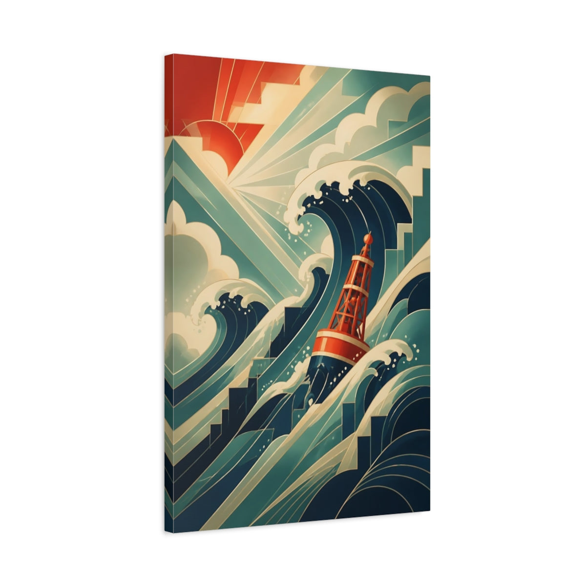 Side Mockup 2. Red Buoy And Waves shown as canvas print