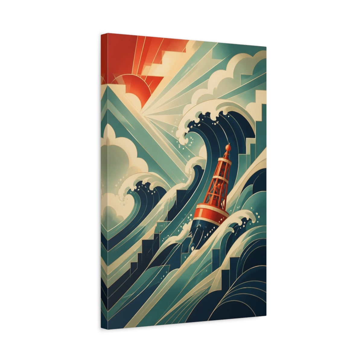 Side Mockup 3. Red Buoy And Waves shown as canvas print