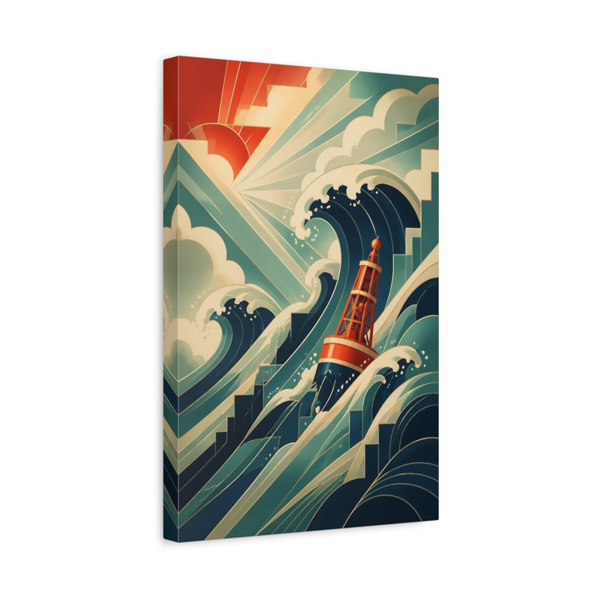 Side Mockup 4. Red Buoy And Waves shown as canvas print