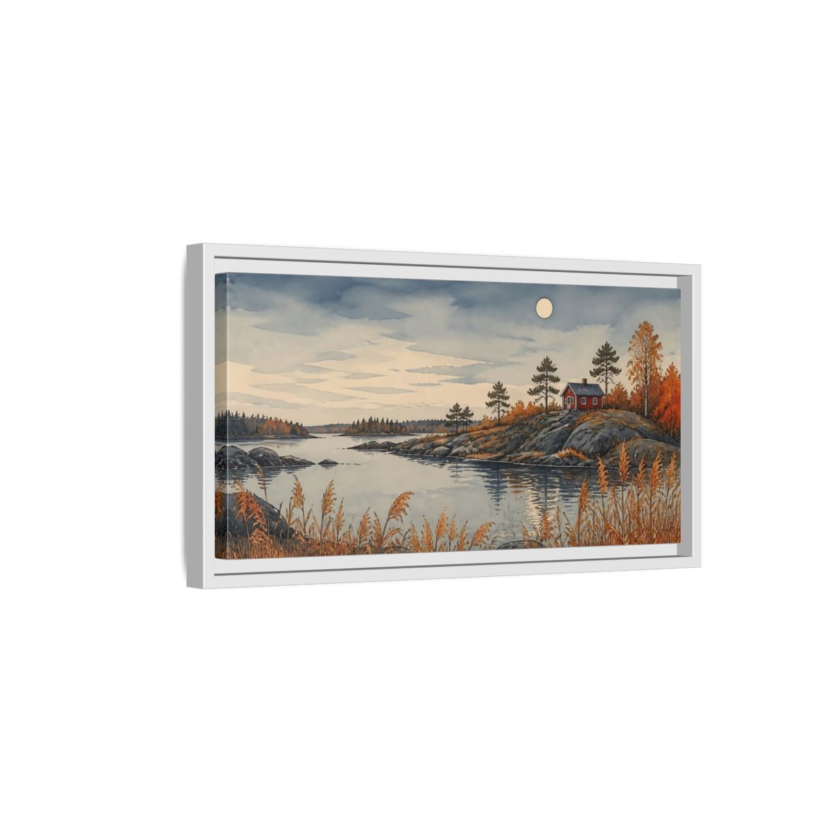 Side Mockup 6. Red Cabin On Rocky Shore shown as framed canvas print