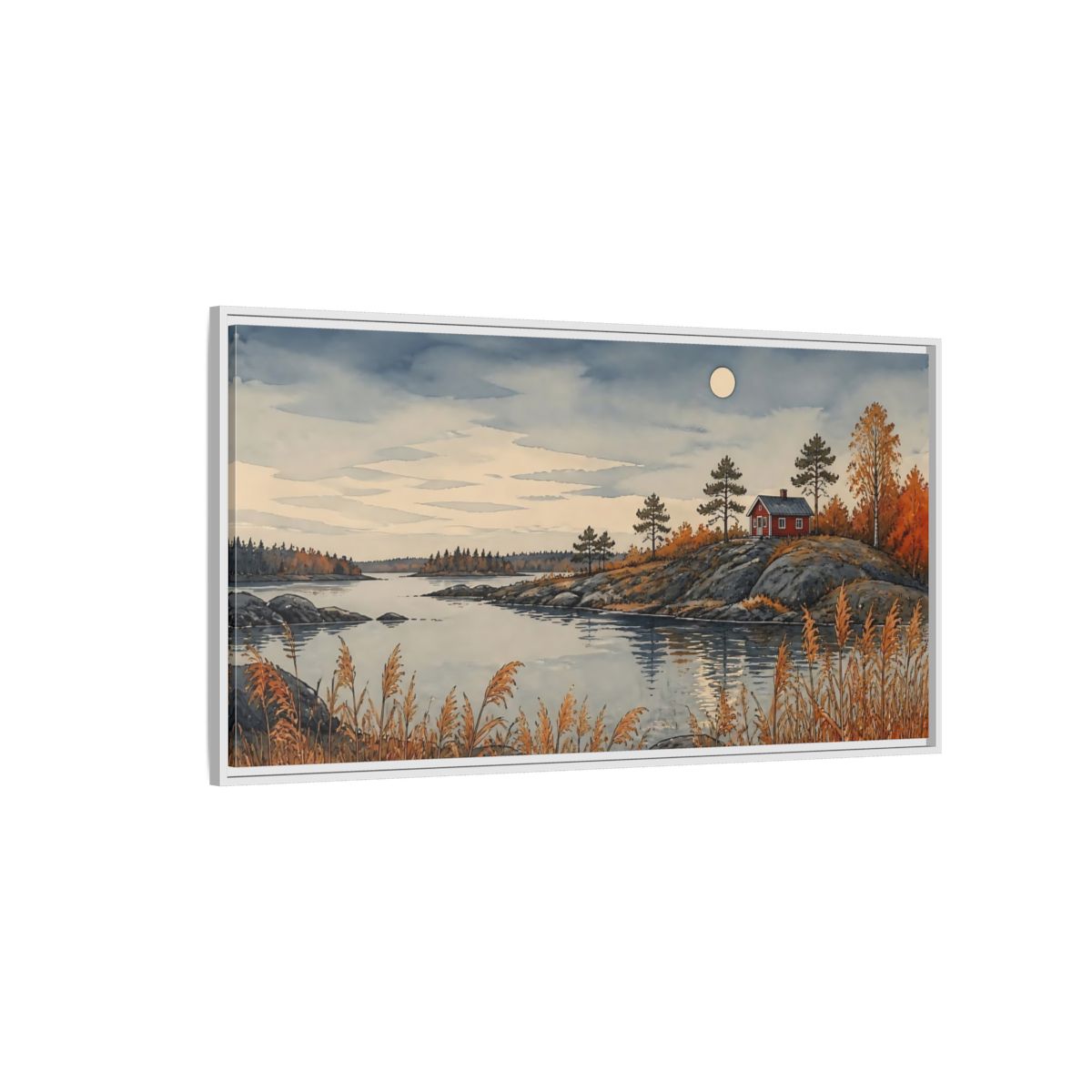 Side Mockup 3. Red Cabin On Rocky Shore shown as framed canvas print