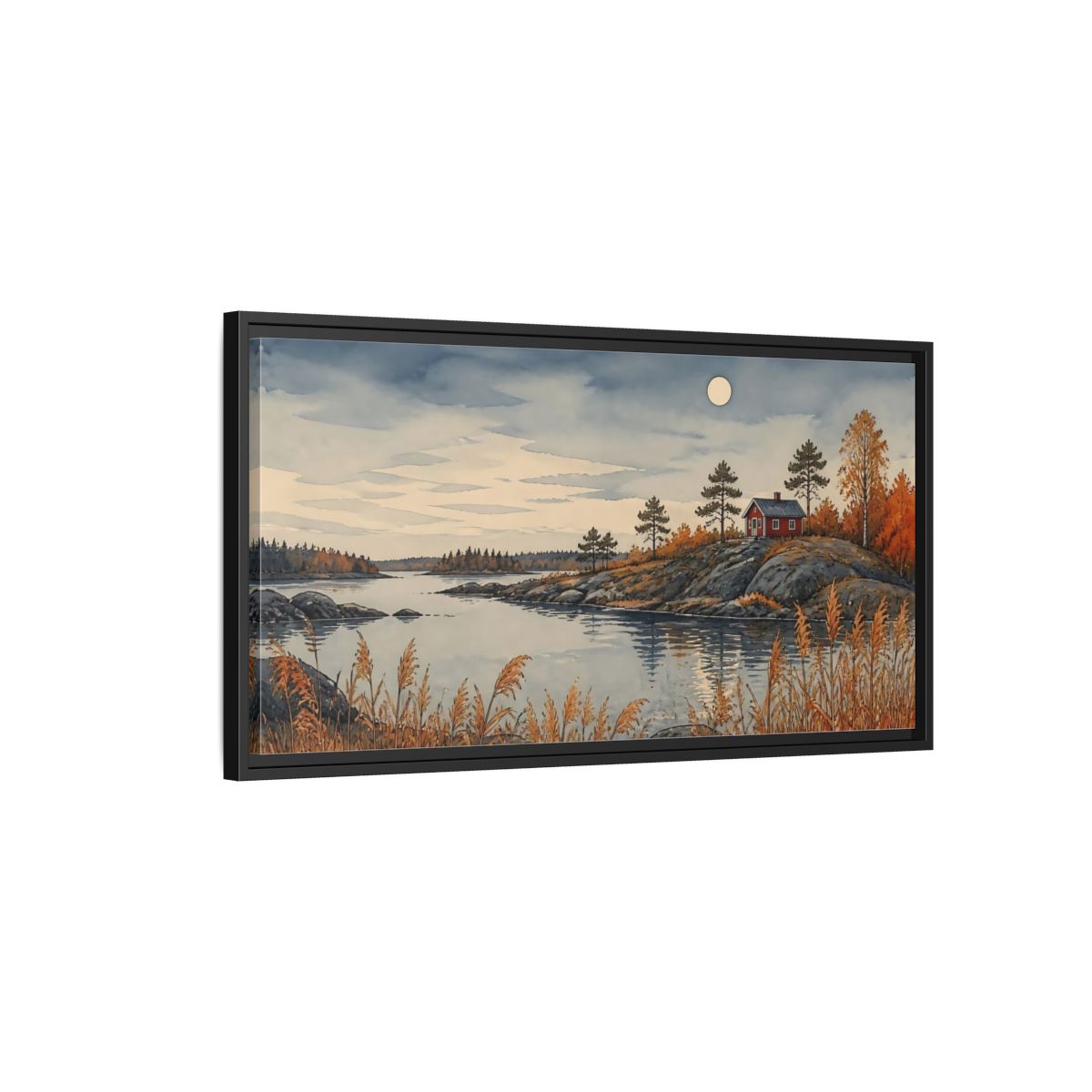 Side Mockup 2. Red Cabin On Rocky Shore shown as framed canvas print