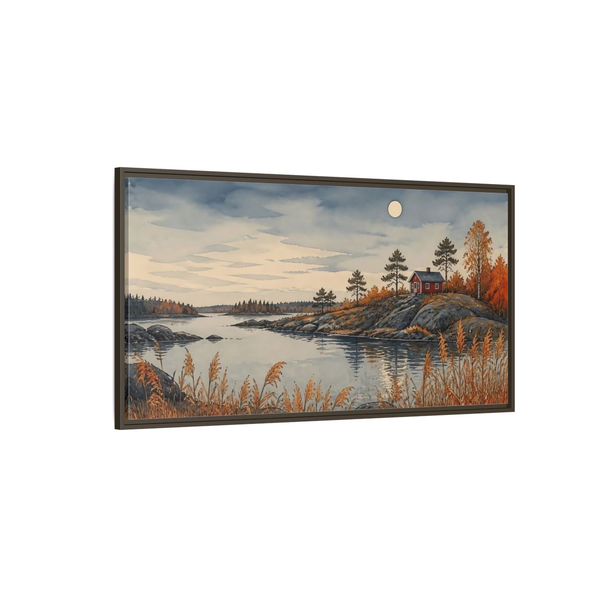 Side Mockup 4. Red Cabin On Rocky Shore shown as framed canvas print