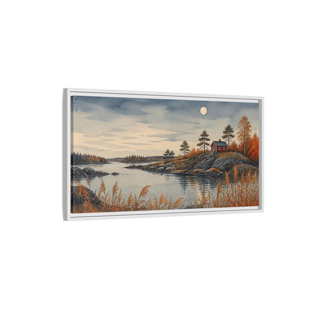 Side Mockup 1. Red Cabin On Rocky Shore shown as framed canvas print