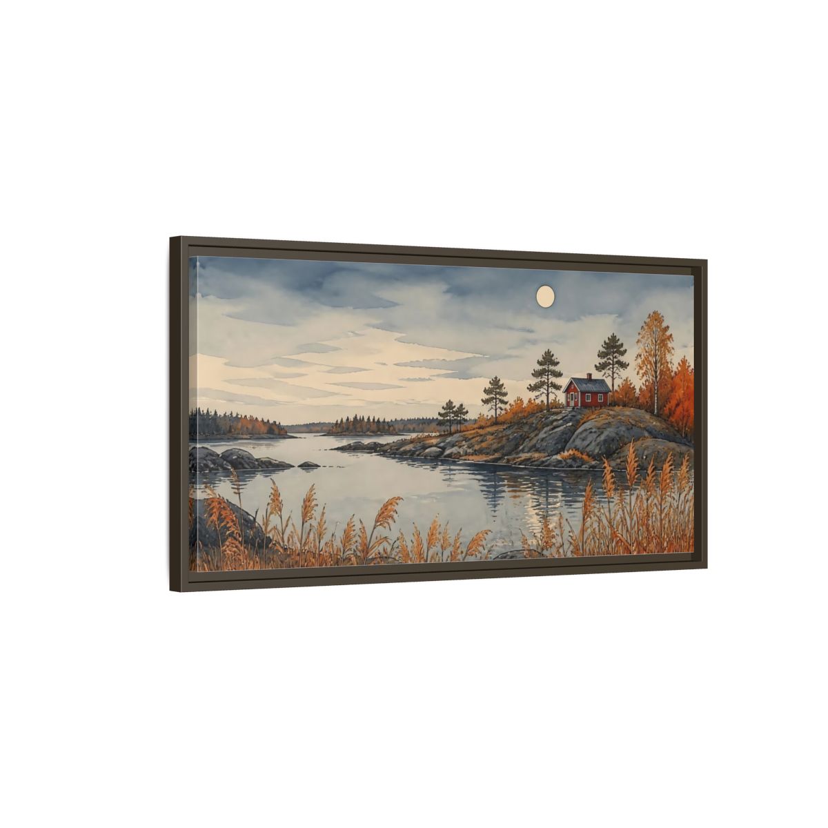 Main Mockup. Red Cabin On Rocky Shore shown as framed canvas print