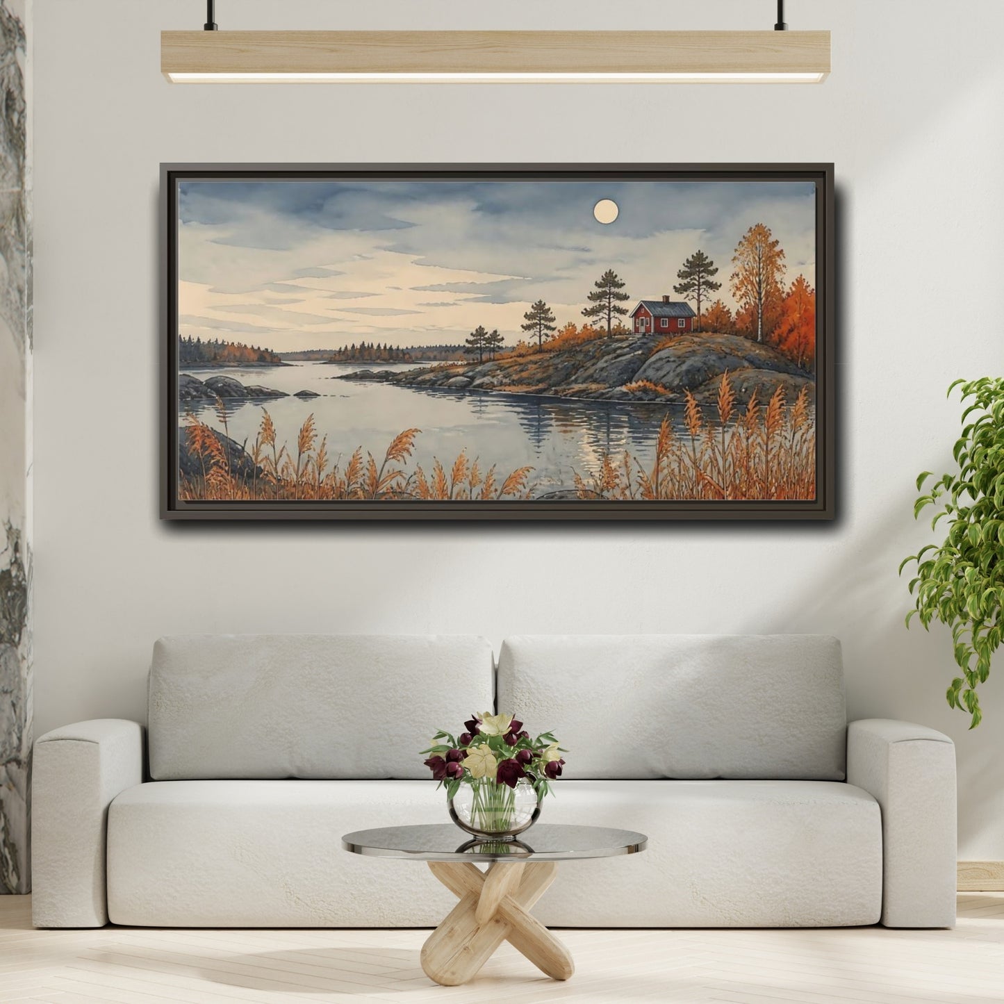 Mockup 2. Red Cabin On Rocky Shore shown as framed canvas print