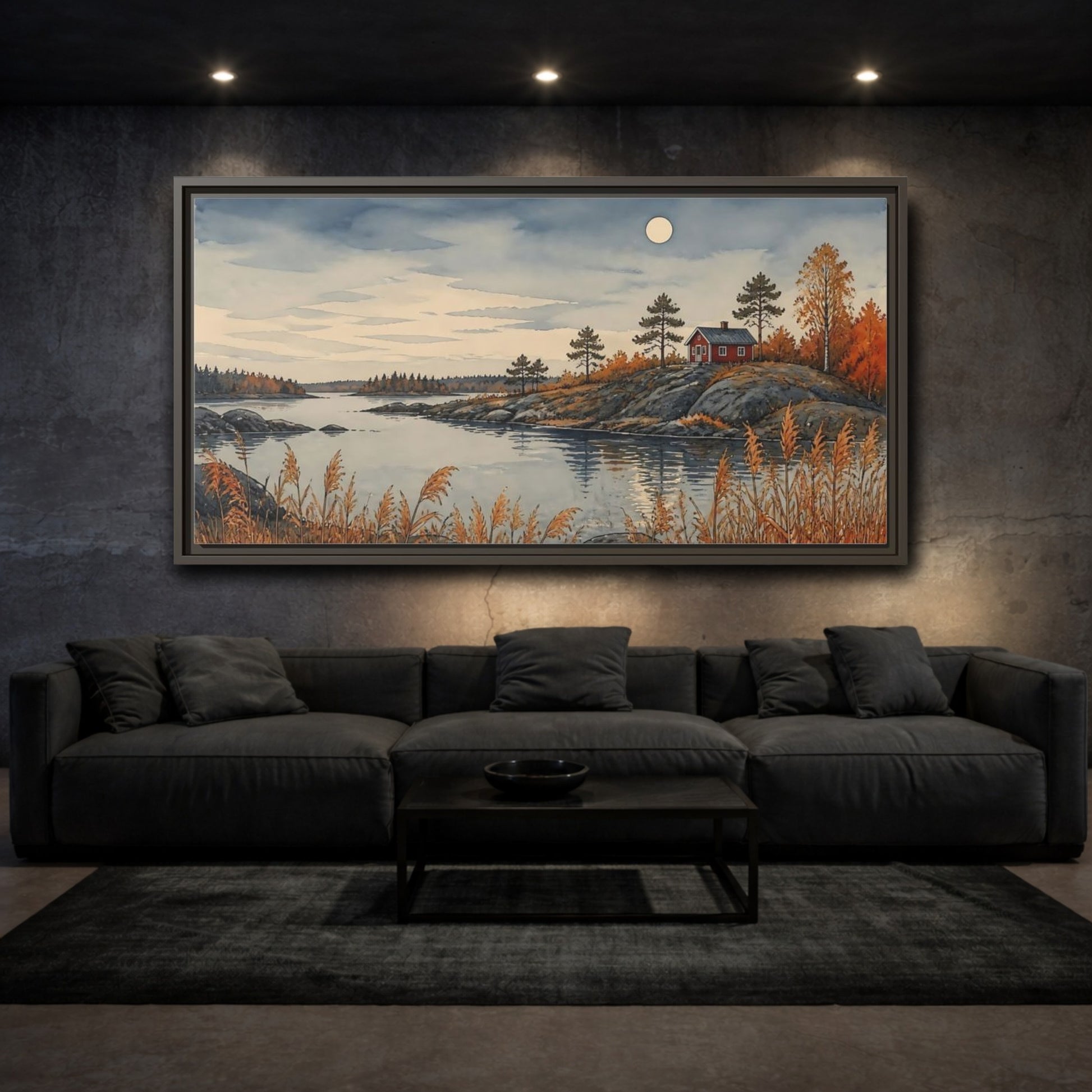 Mockup 3. Red Cabin On Rocky Shore shown as framed canvas print