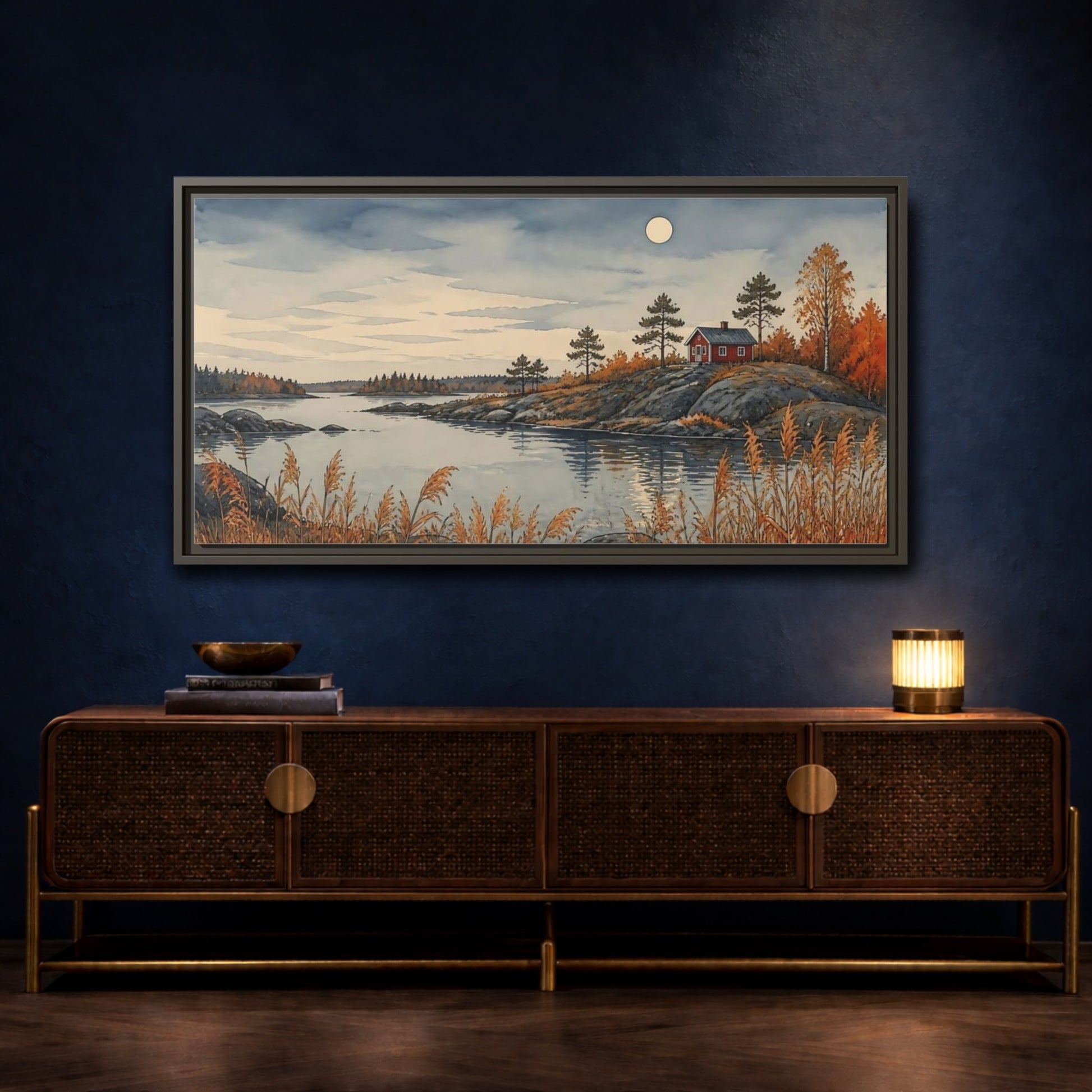 Mockup 4. Red Cabin On Rocky Shore shown as framed canvas print