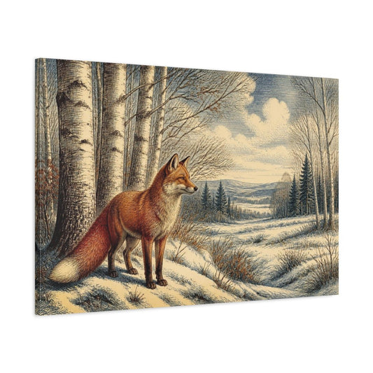 Red Fox Nature Scene Canvas Print – Living Room, Above Sofa, Rust, Cream, Winter Blue - YesArtYes