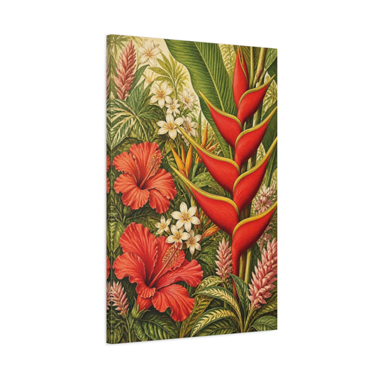 Main Mockup. Red Heliconia Flowers shown as canvas print