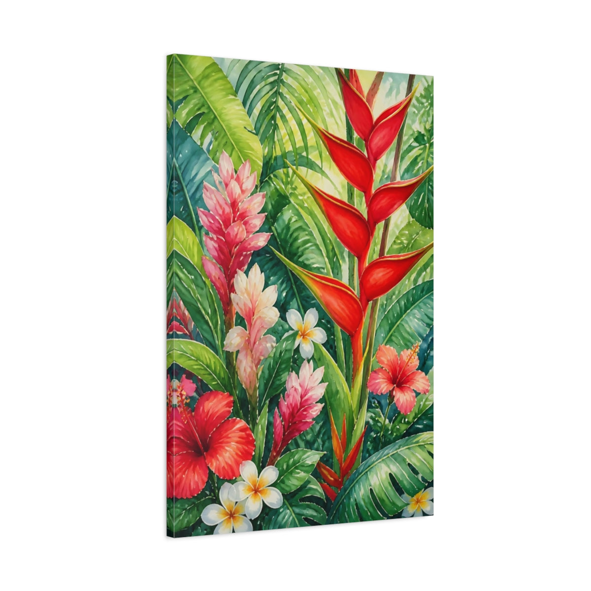 Main Mockup. Red Heliconia Flowers shown as canvas print