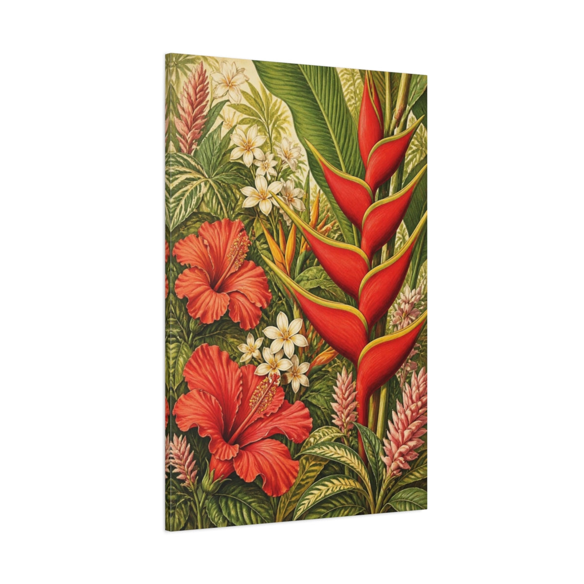 Side Mockup 1. Red Heliconia Flowers shown as canvas print