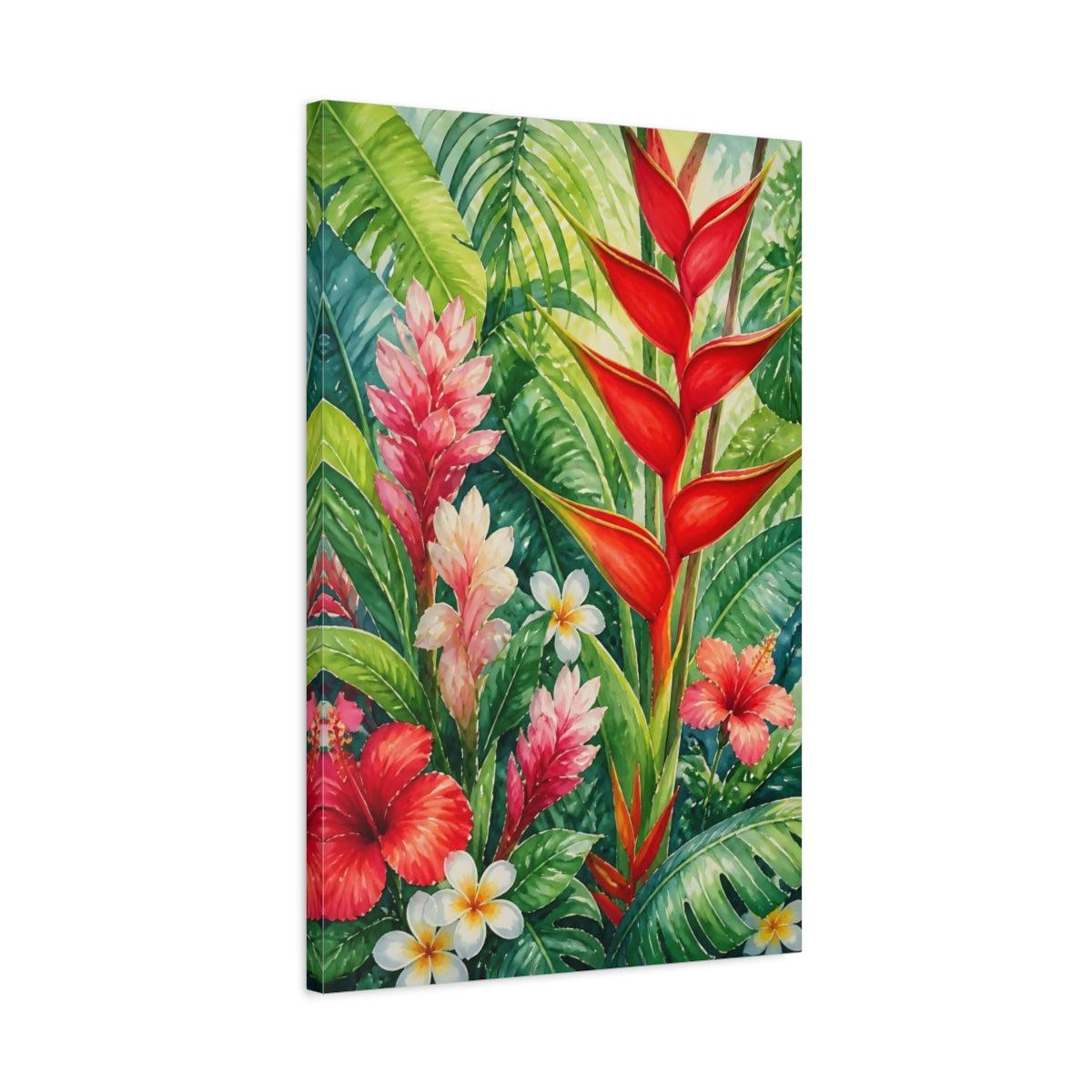 Side Mockup 2. Red Heliconia Flowers shown as canvas print