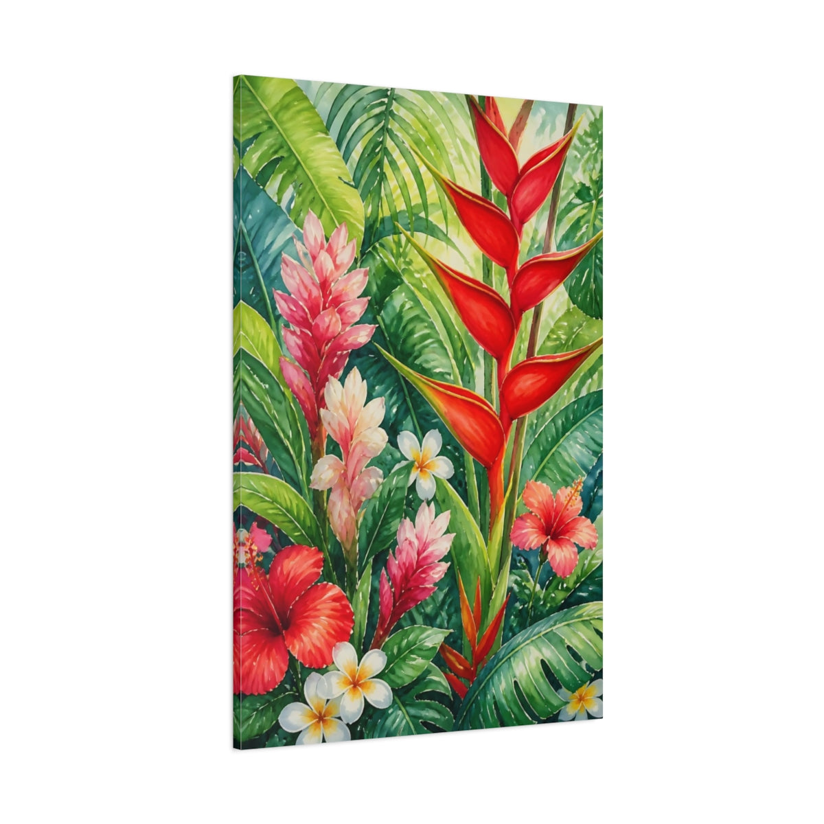 Side Mockup 1. Red Heliconia Flowers shown as canvas print