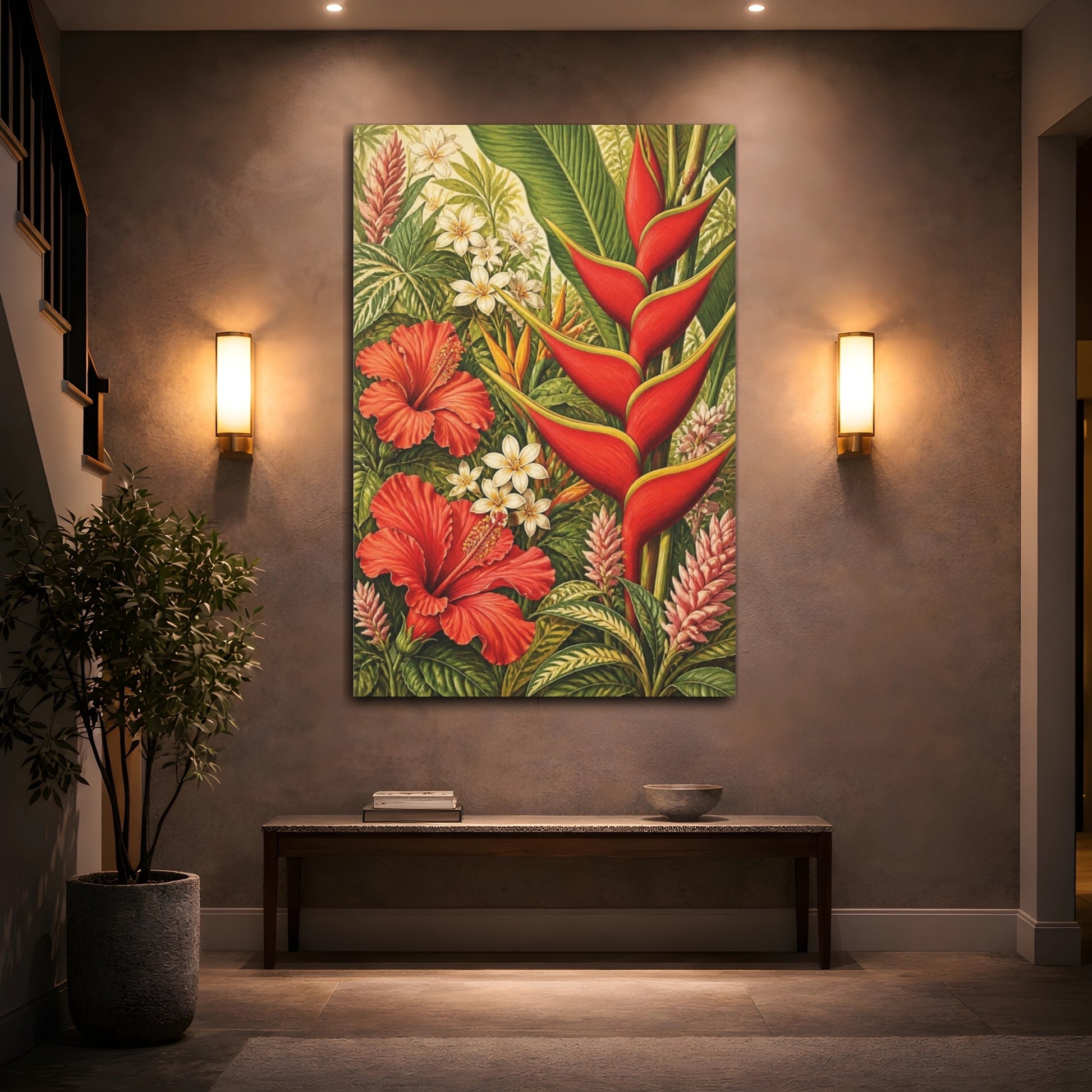 Mockup 2. Red Heliconia Flowers shown as canvas print