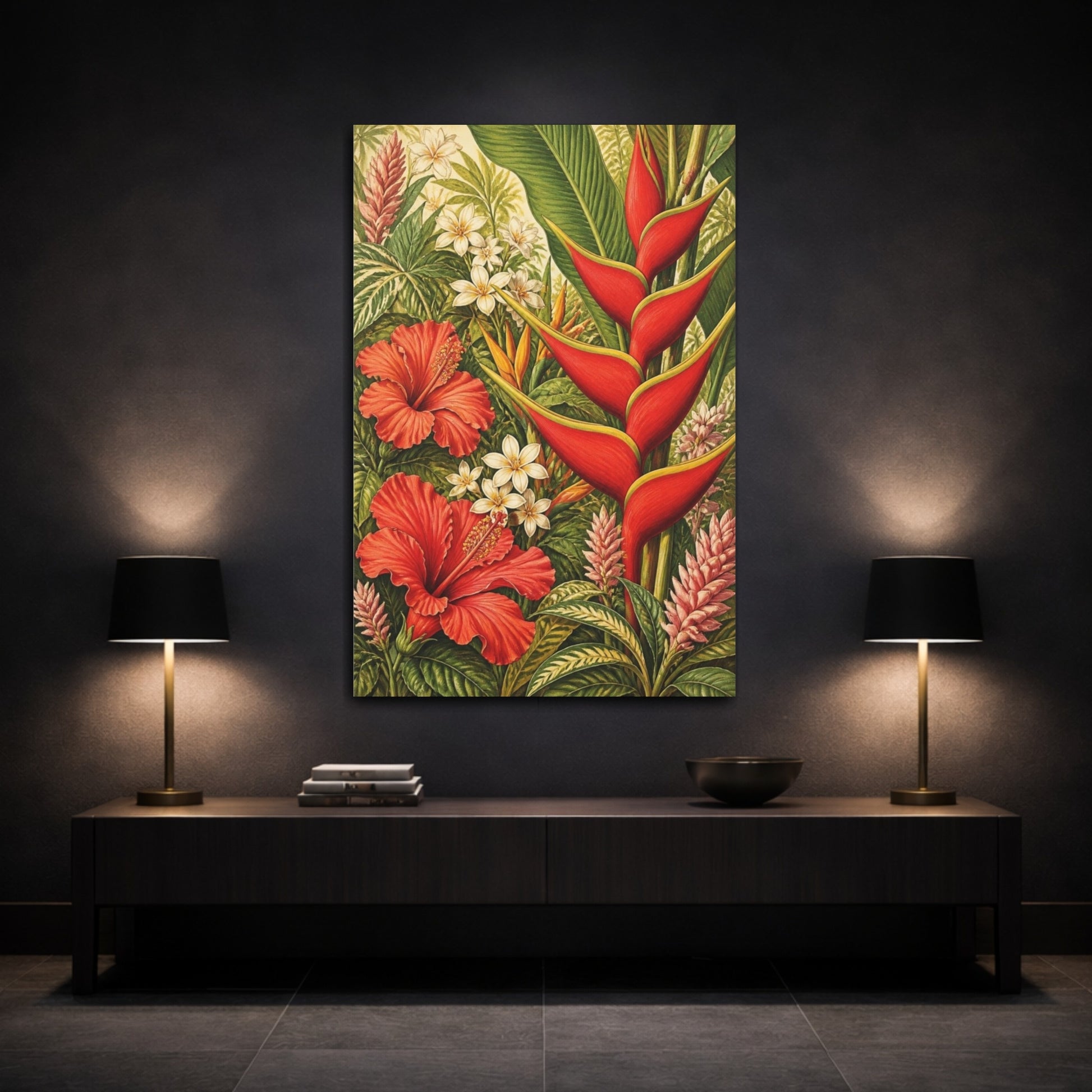 Mockup 3. Red Heliconia Flowers shown as canvas print