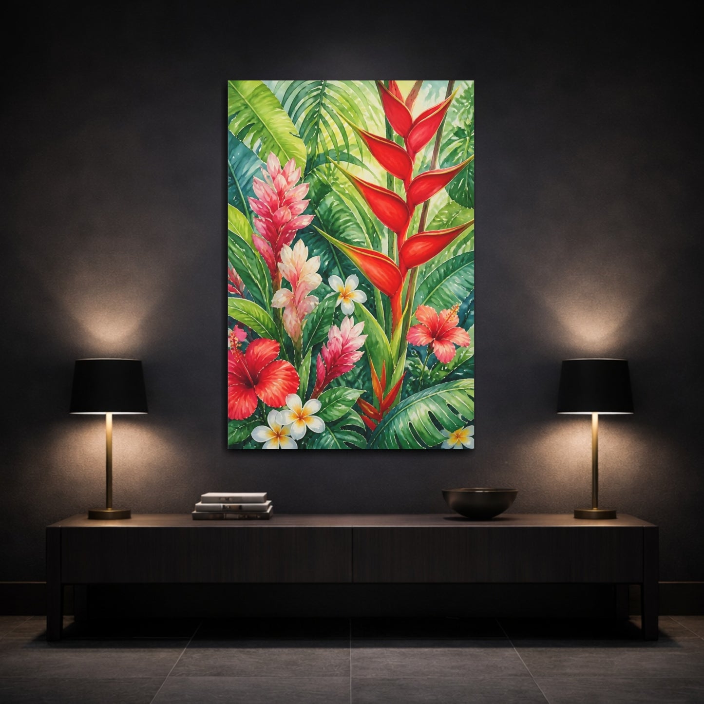 Mockup 3. Red Heliconia Flowers shown as canvas print