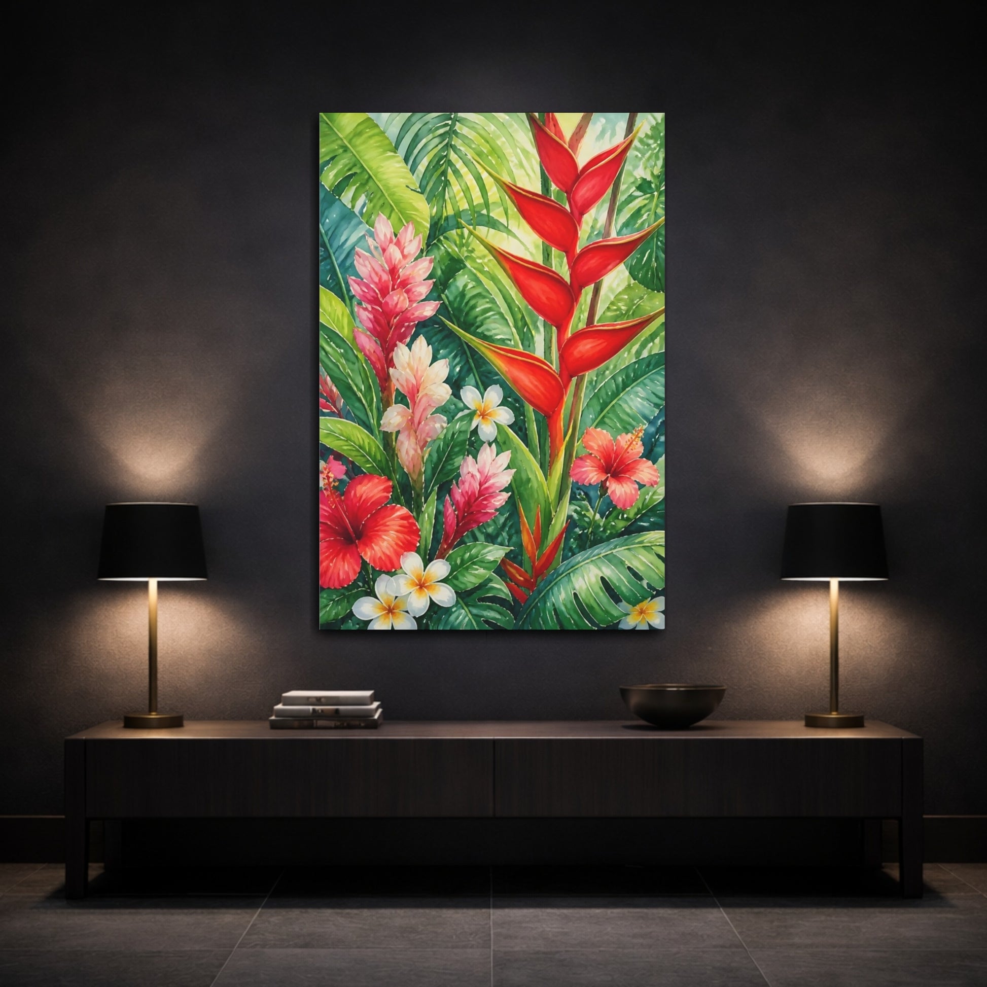 Mockup 3. Red Heliconia Flowers shown as canvas print