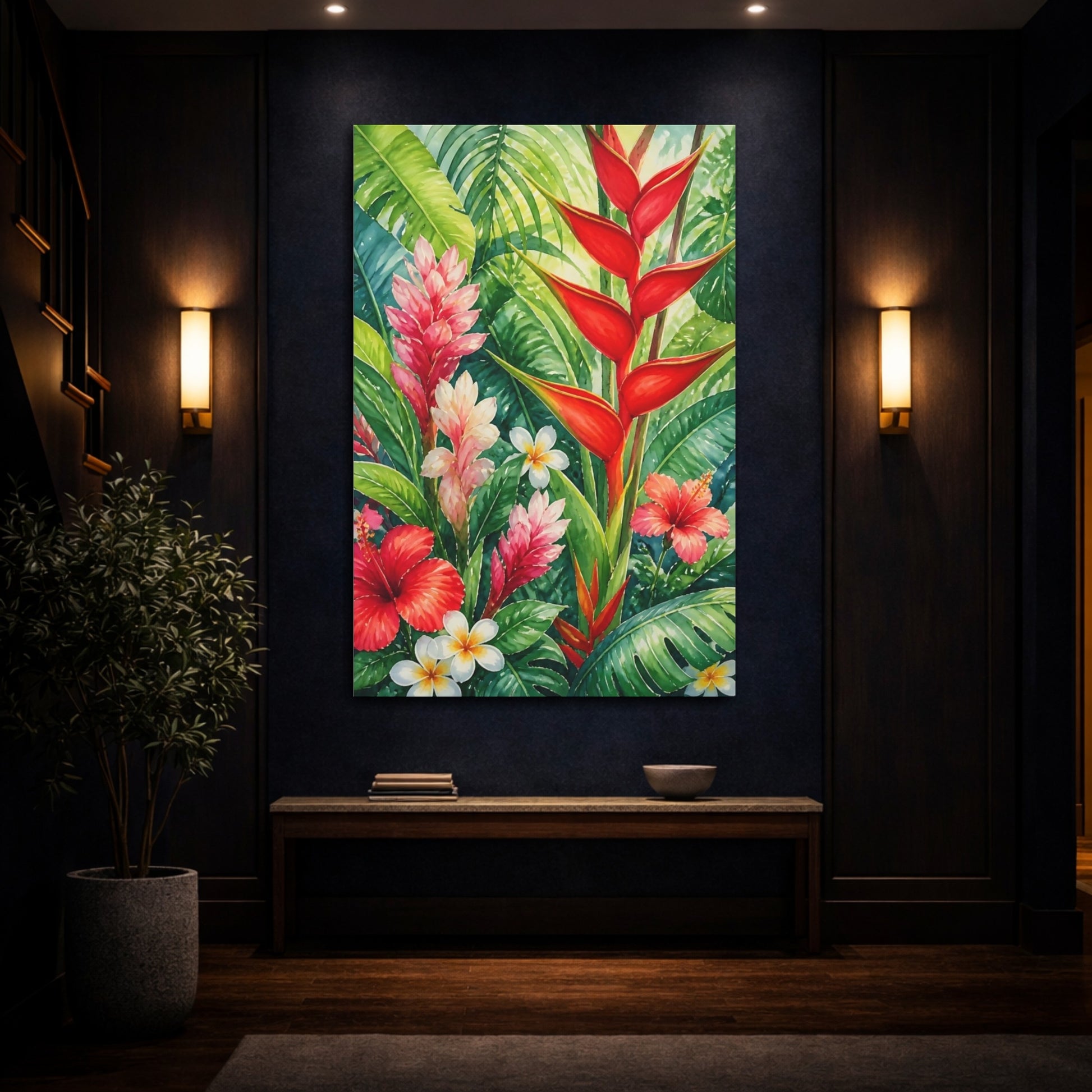 Mockup 4. Red Heliconia Flowers shown as canvas print