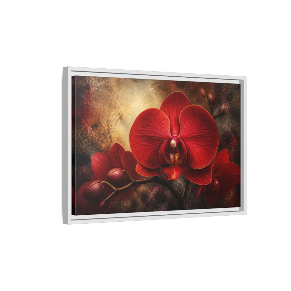 Side Mockup 1. Red Orchid Flower Close-Up shown as framed canvas print