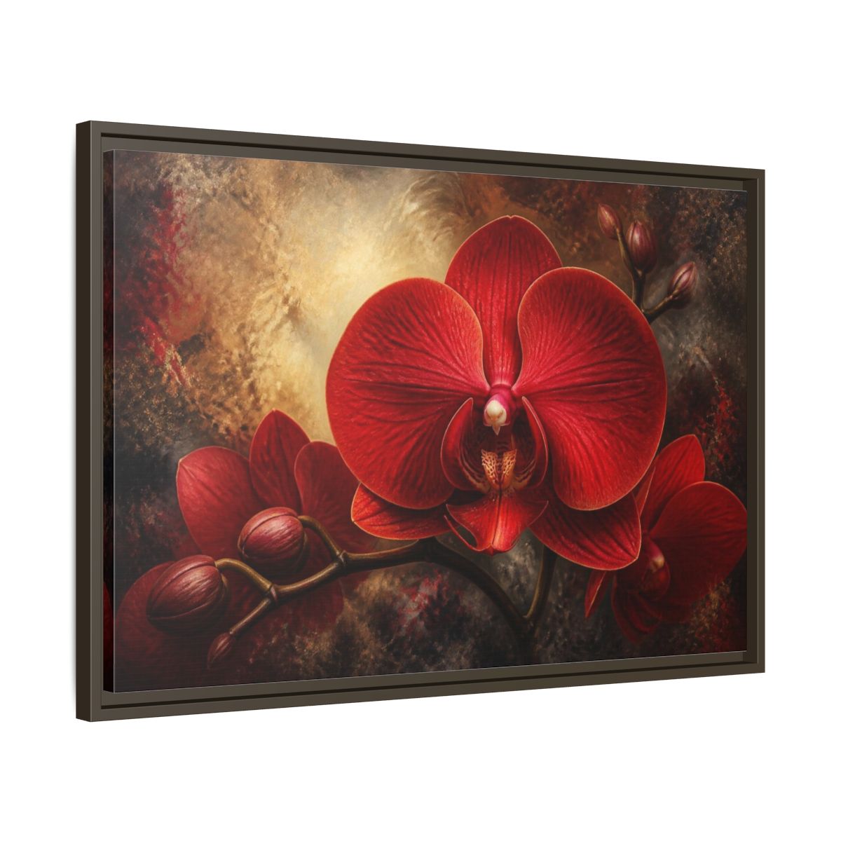 Side Mockup 11. Red Orchid Flower Close-Up shown as framed canvas print