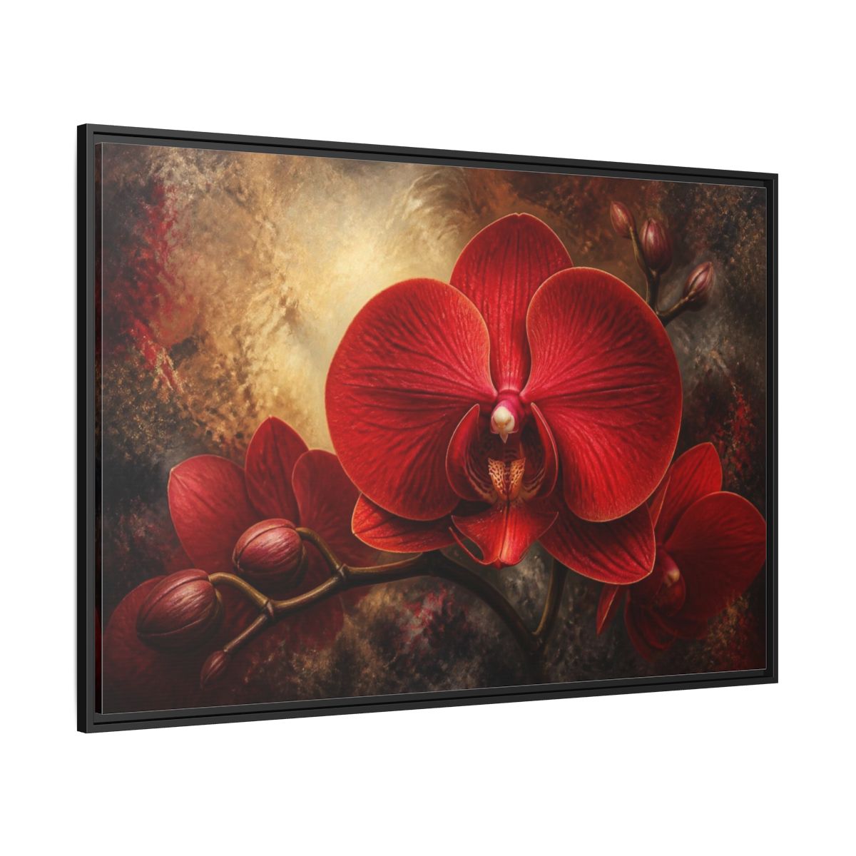 Side Mockup 12. Red Orchid Flower Close-Up shown as framed canvas print
