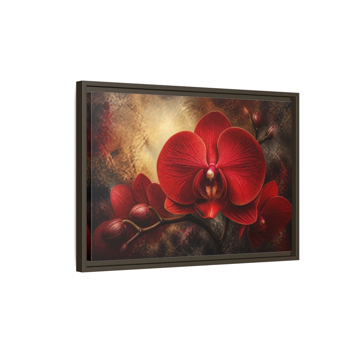 Side Mockup 2. Red Orchid Flower Close-Up shown as framed canvas print