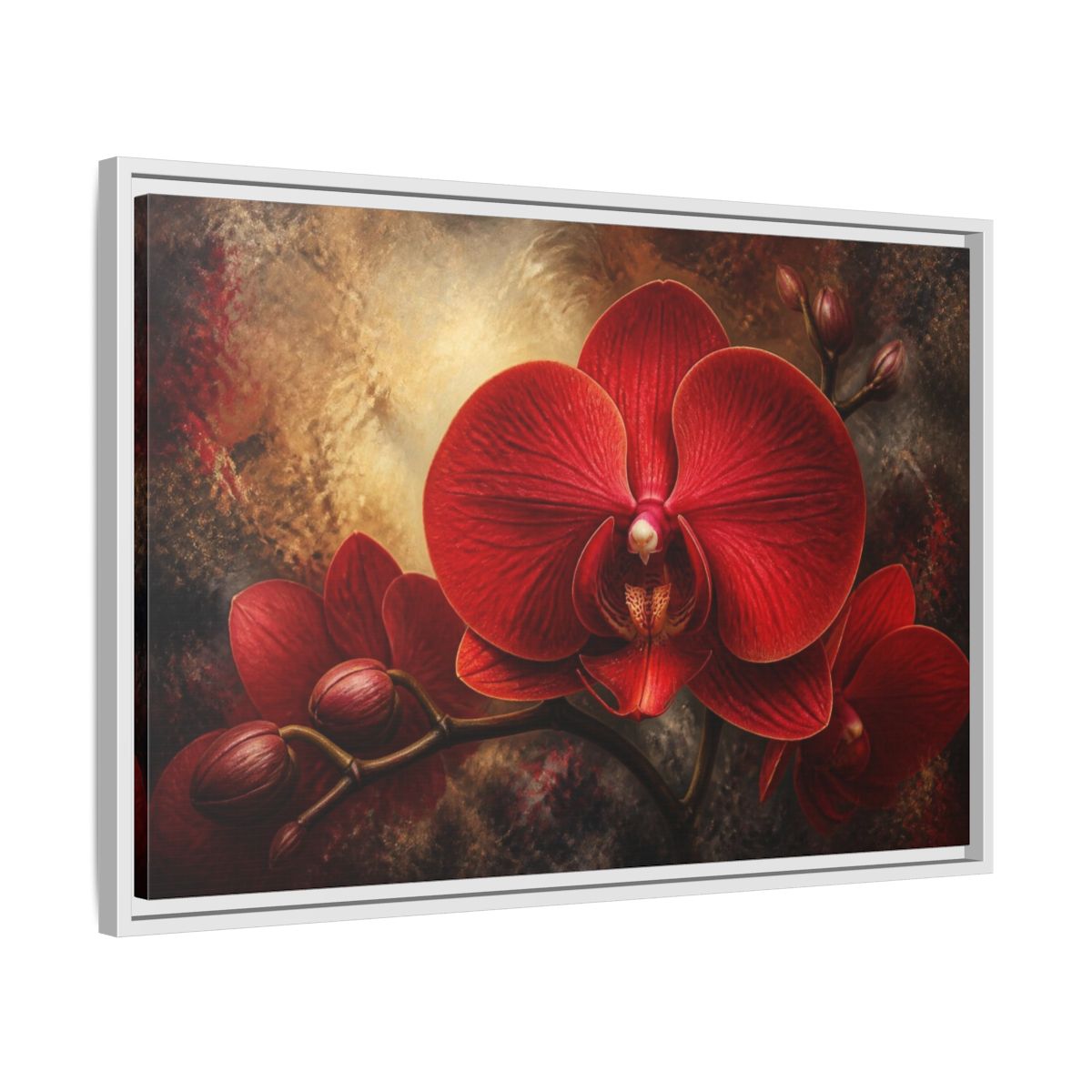 Side Mockup 10. Red Orchid Flower Close-Up shown as framed canvas print