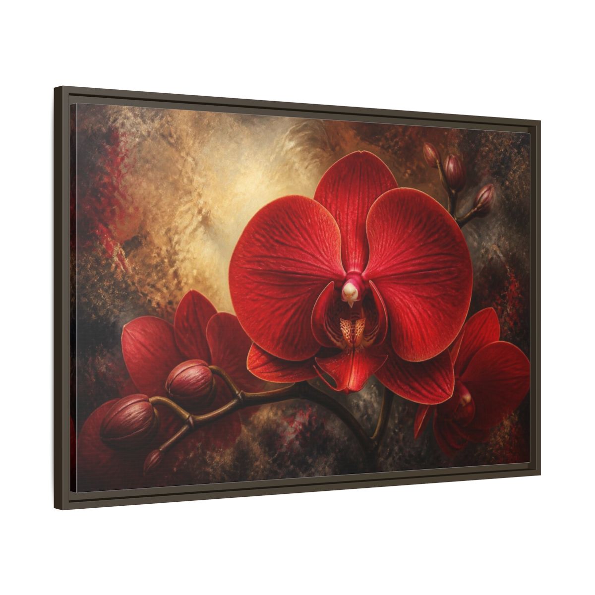 Main Mockup. Red Orchid Flower Close-Up shown as framed canvas print