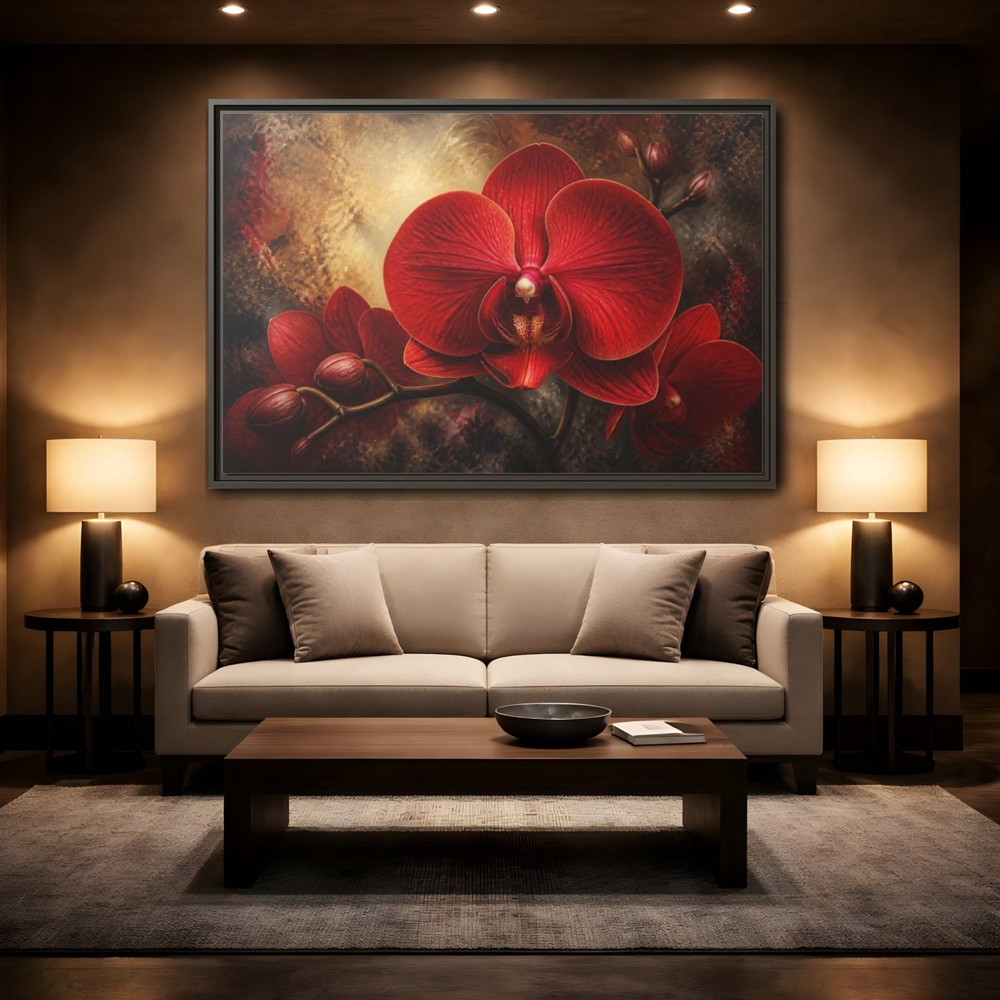 Mockup 2. Red Orchid Flower Close-Up shown as framed canvas print