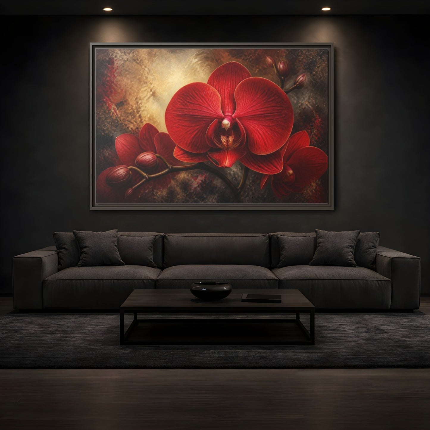 Mockup 3. Red Orchid Flower Close-Up shown as framed canvas print