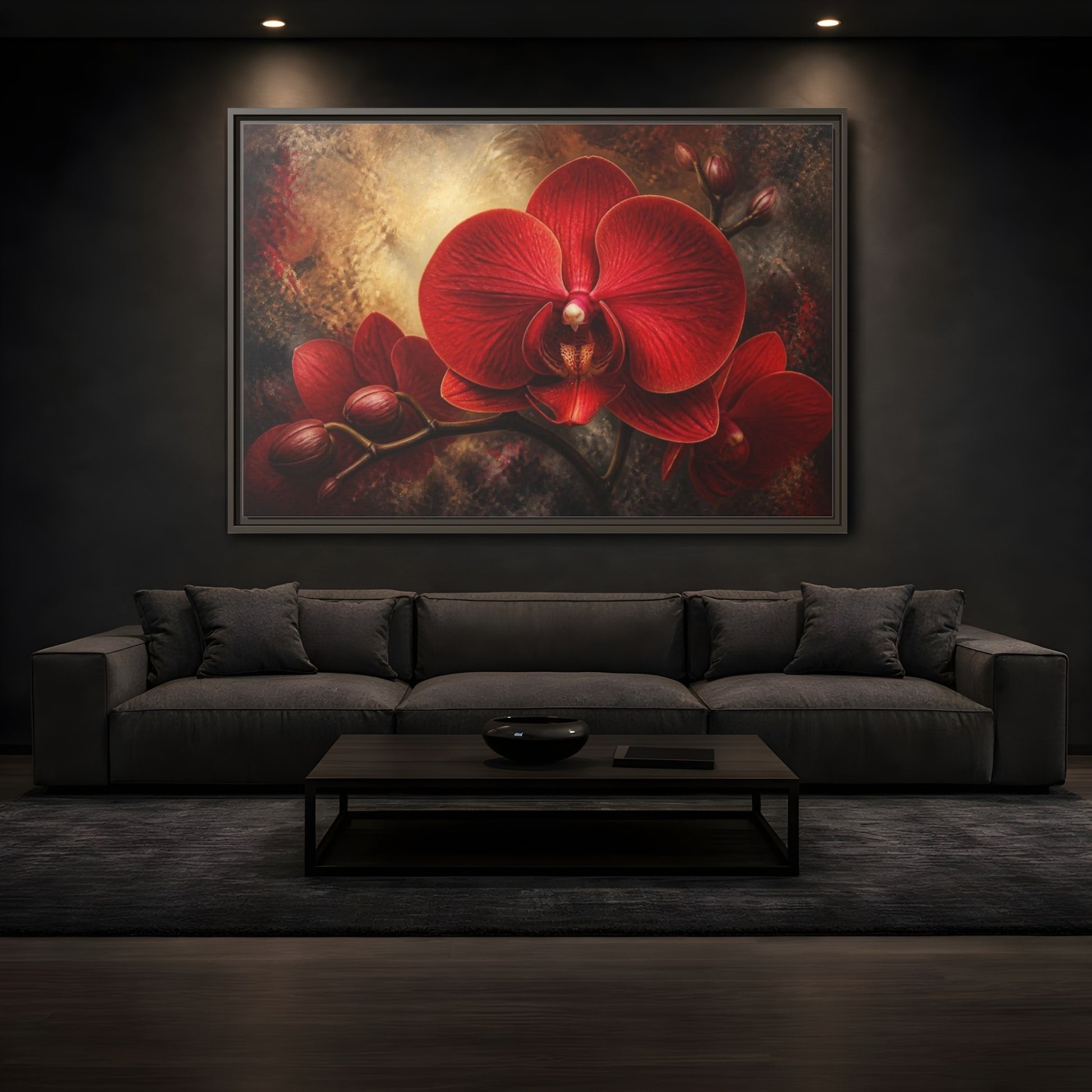 Mockup 3. Red Orchid Flower Close-Up shown as framed canvas print