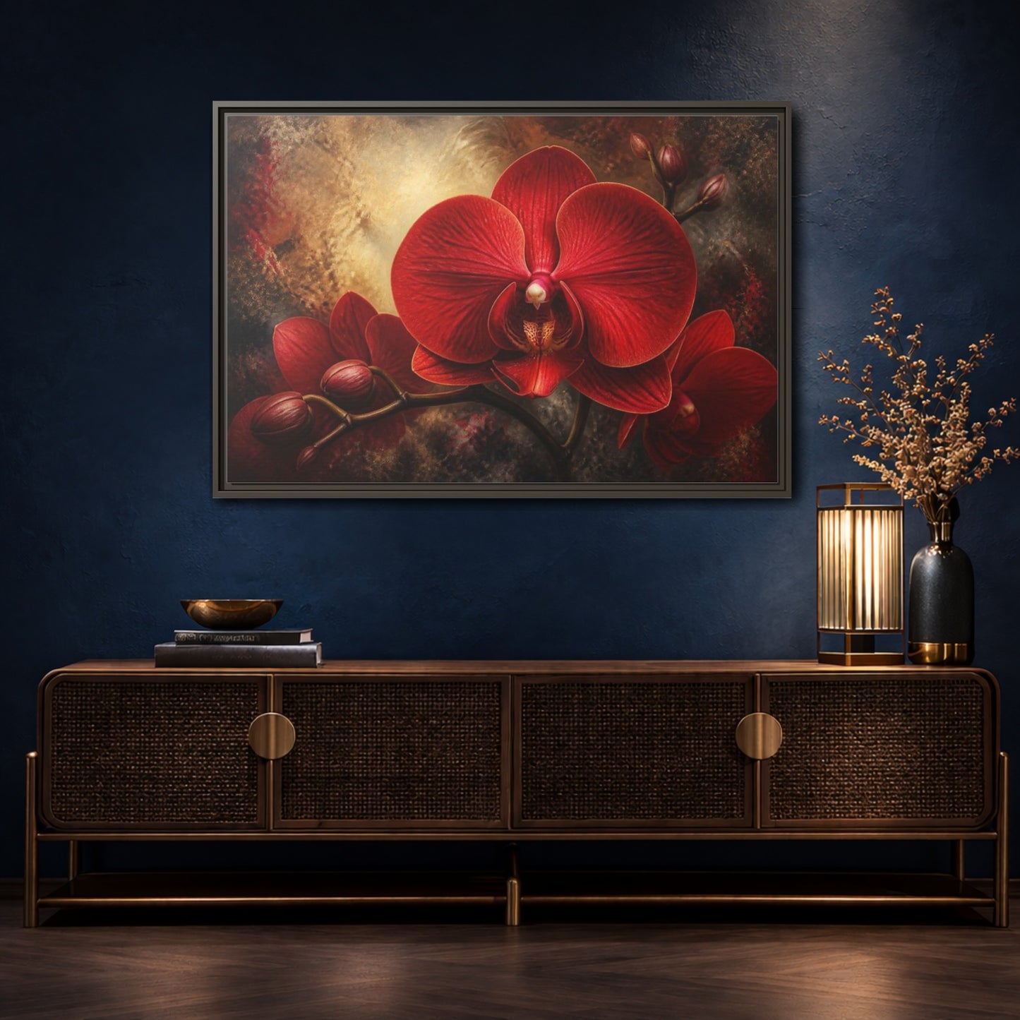 Mockup 4. Red Orchid Flower Close-Up shown as framed canvas print