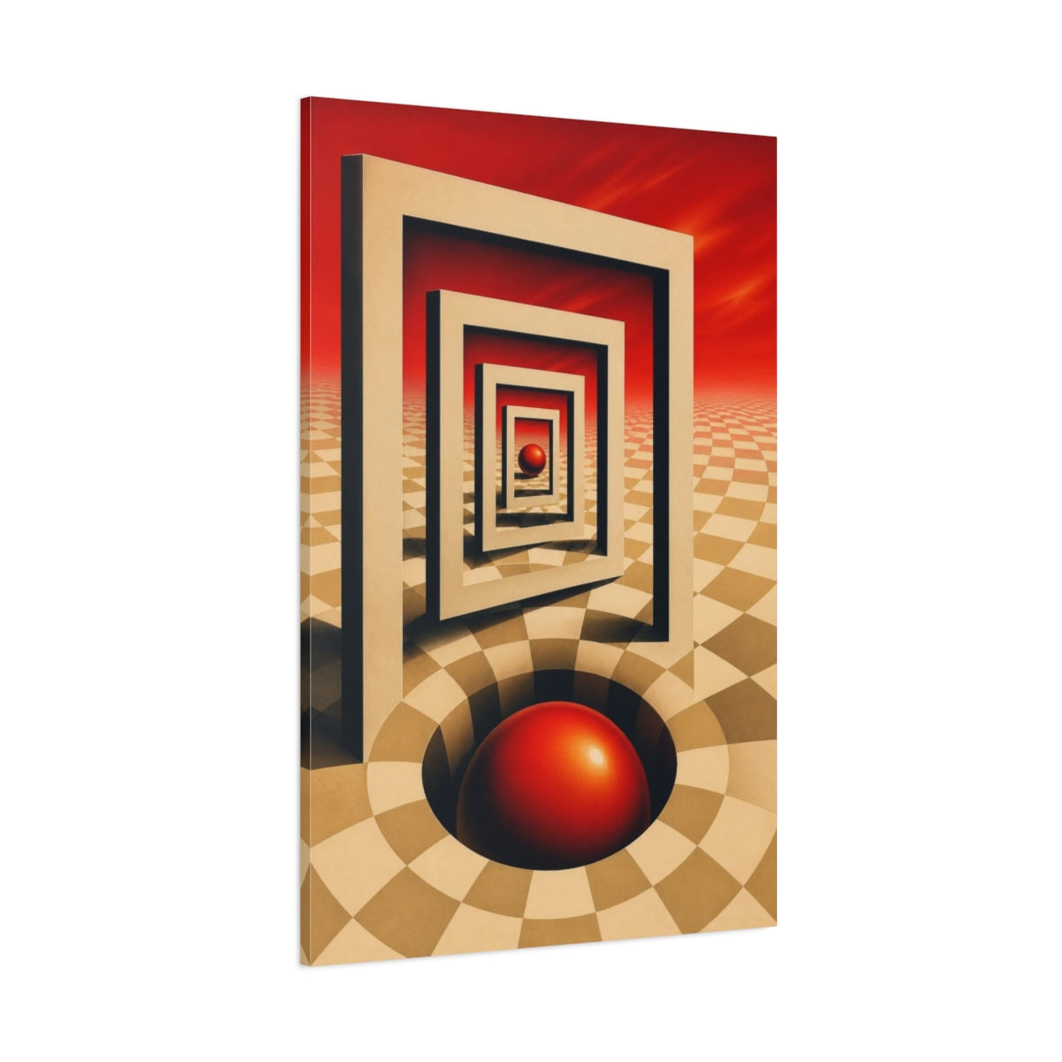 Side Mockup 1. Red Sphere Illusion shown as canvas print