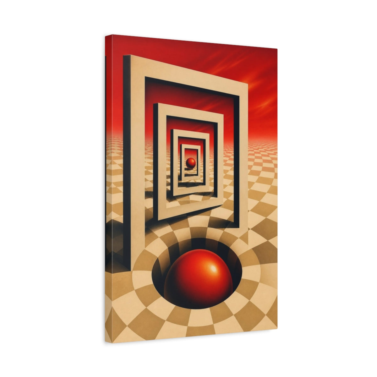 Side Mockup 3. Red Sphere Illusion shown as canvas print