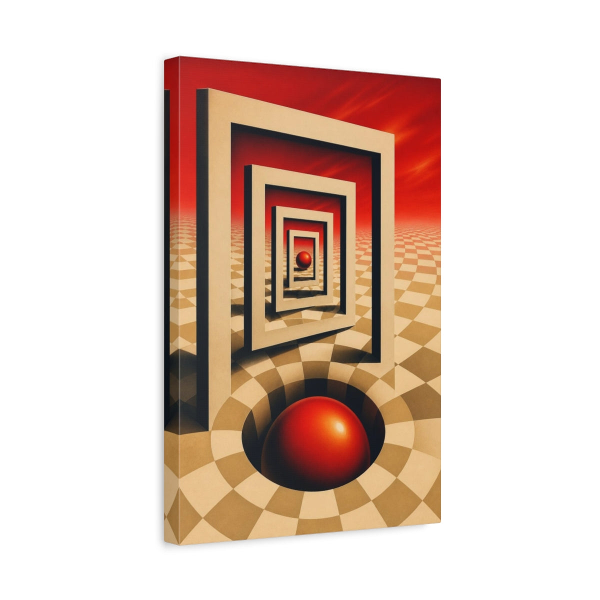 Side Mockup 4. Red Sphere Illusion shown as canvas print