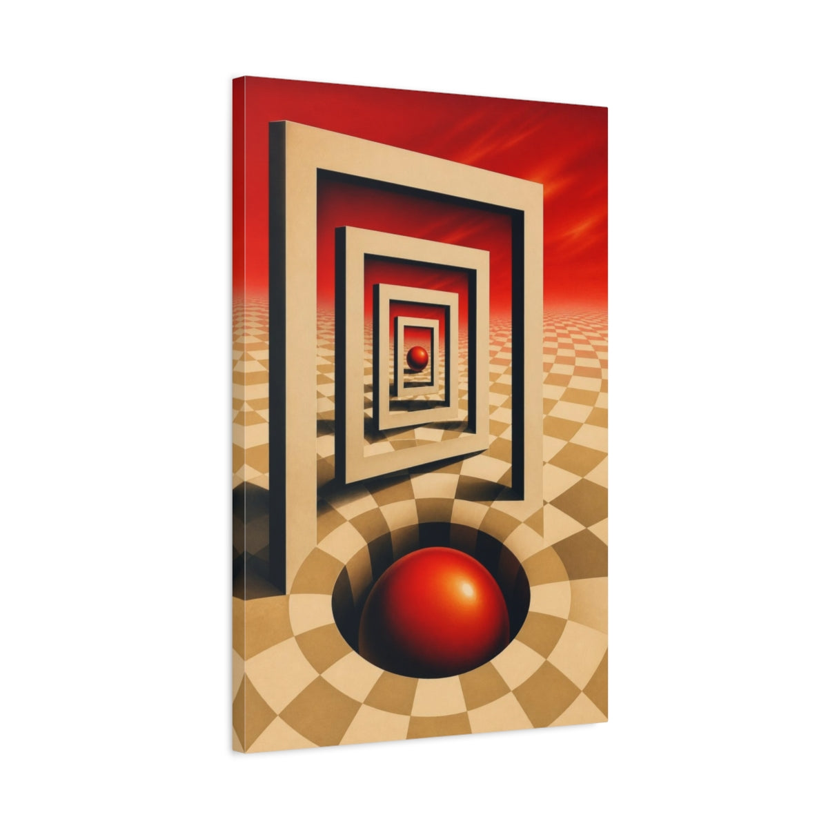 Side Mockup 2. Red Sphere Illusion shown as canvas print