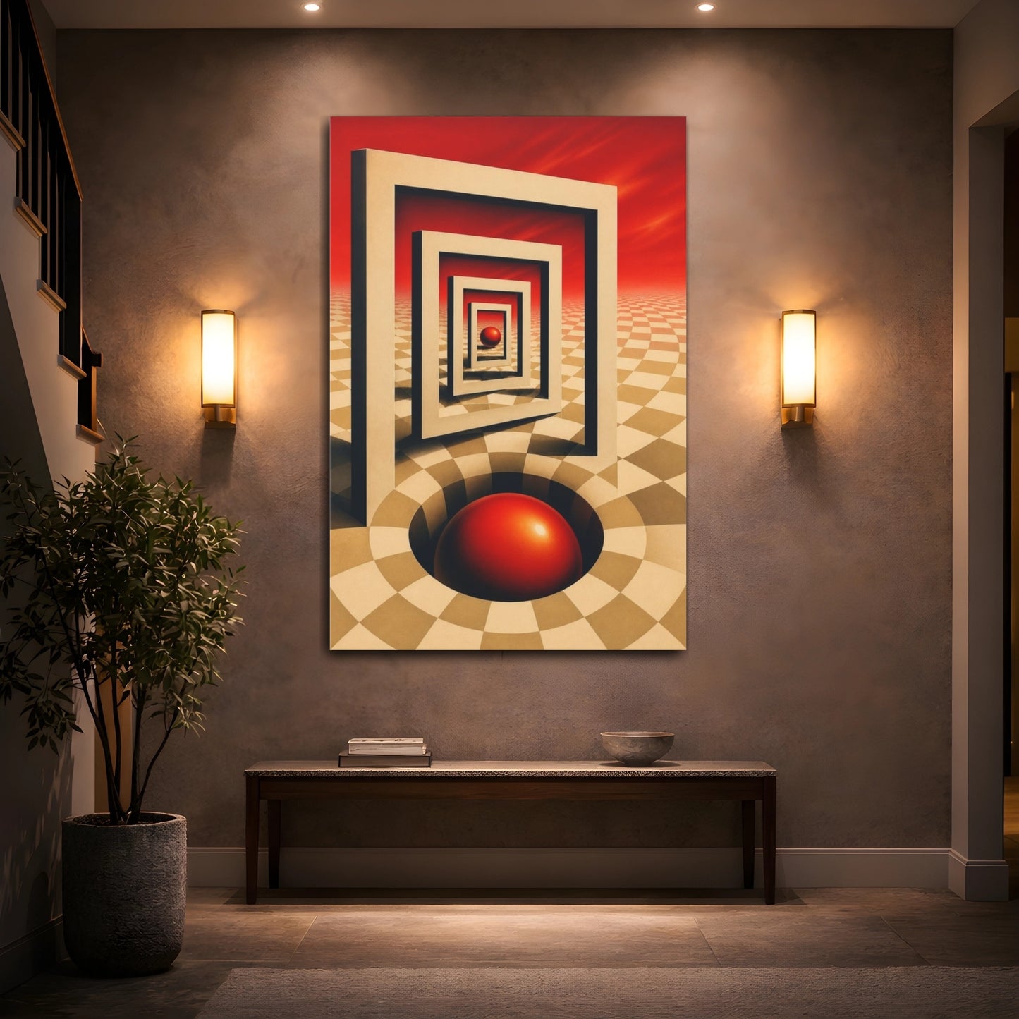 Mockup 2. Red Sphere Illusion shown as canvas print