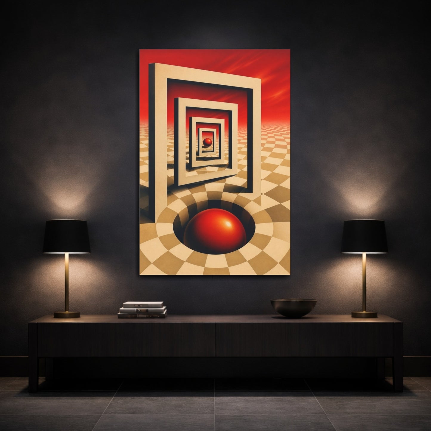 Mockup 3. Red Sphere Illusion shown as canvas print