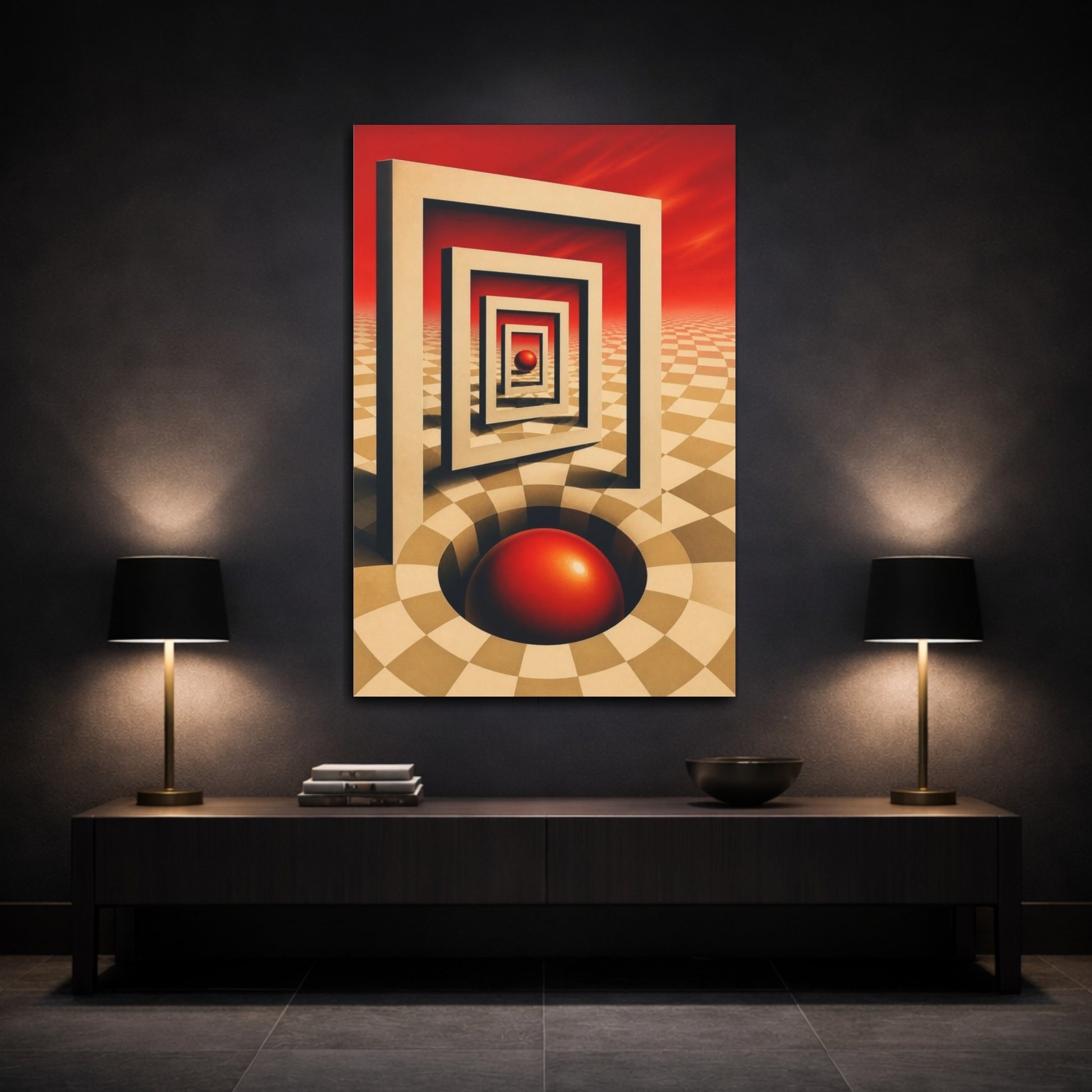 Mockup 3. Red Sphere Illusion shown as canvas print