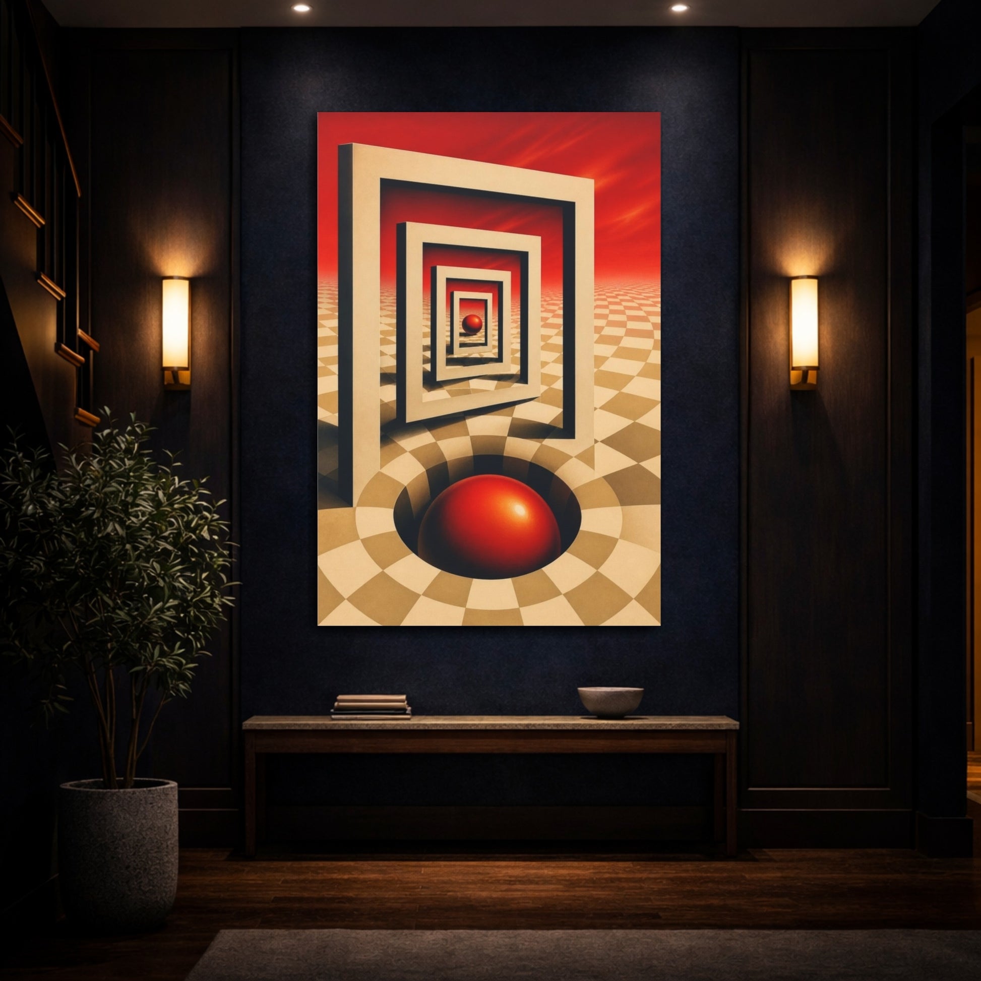 Mockup 4. Red Sphere Illusion shown as canvas print