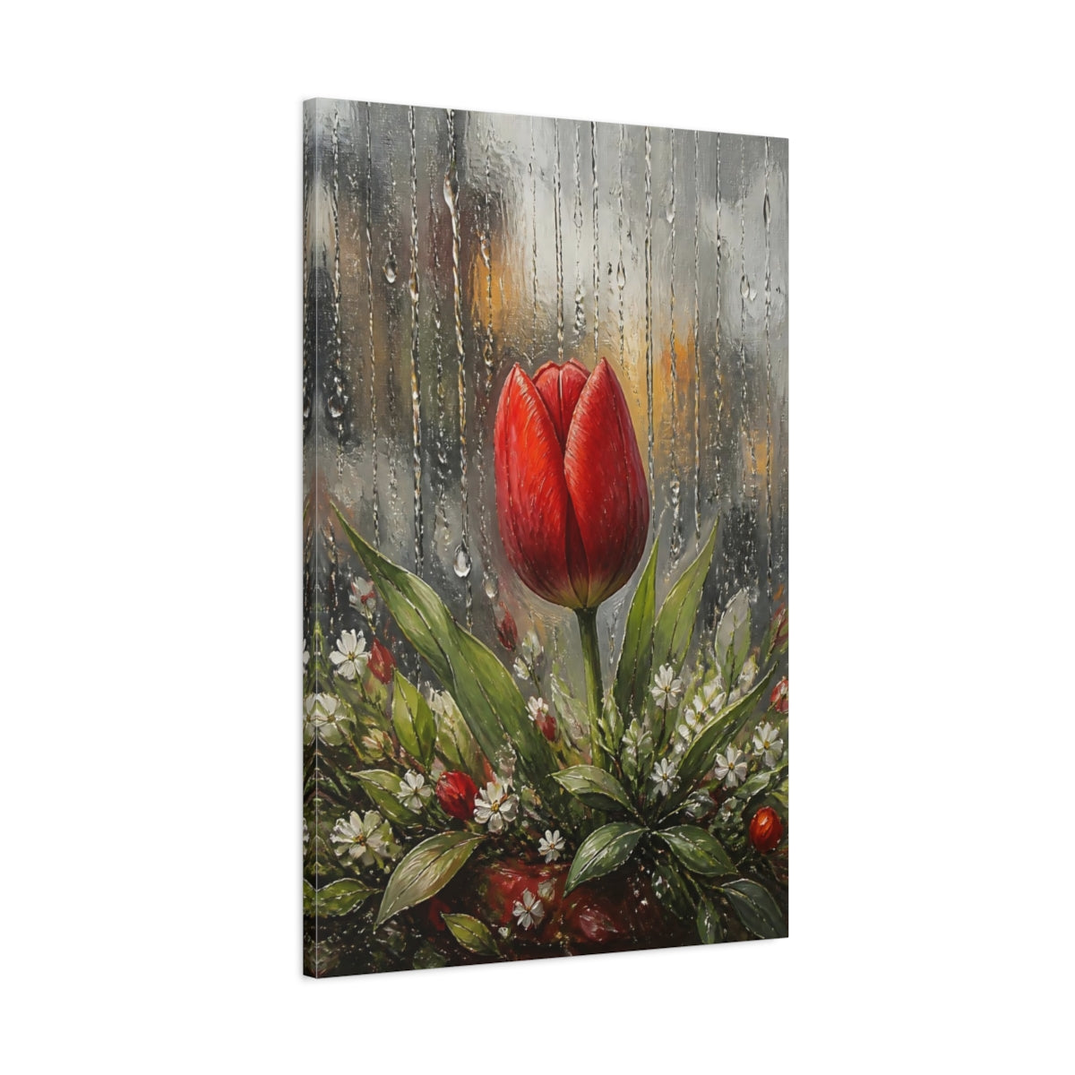 Main Mockup. Red Tulip In Rain shown as canvas print