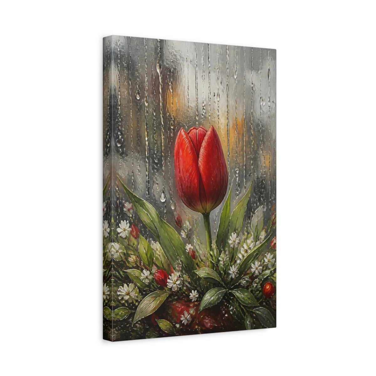 Side Mockup 4. Red Tulip In Rain shown as canvas print