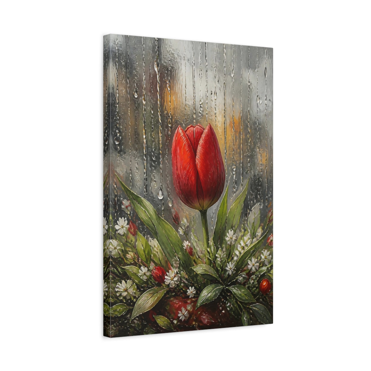Side Mockup 3. Red Tulip In Rain shown as canvas print
